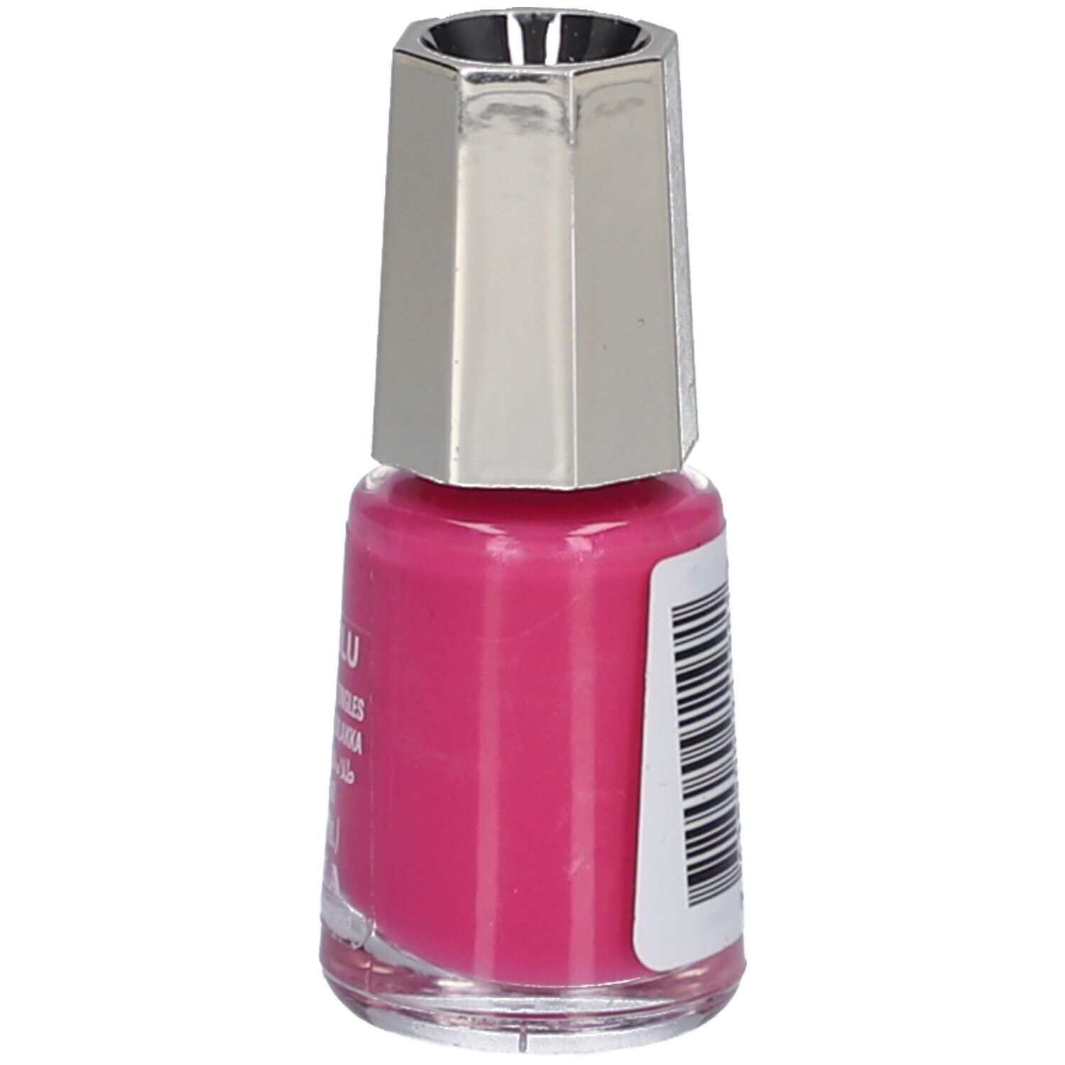 Flacon de vernis à ongles rose. Bouchon argenté. Verso avec code-barres.