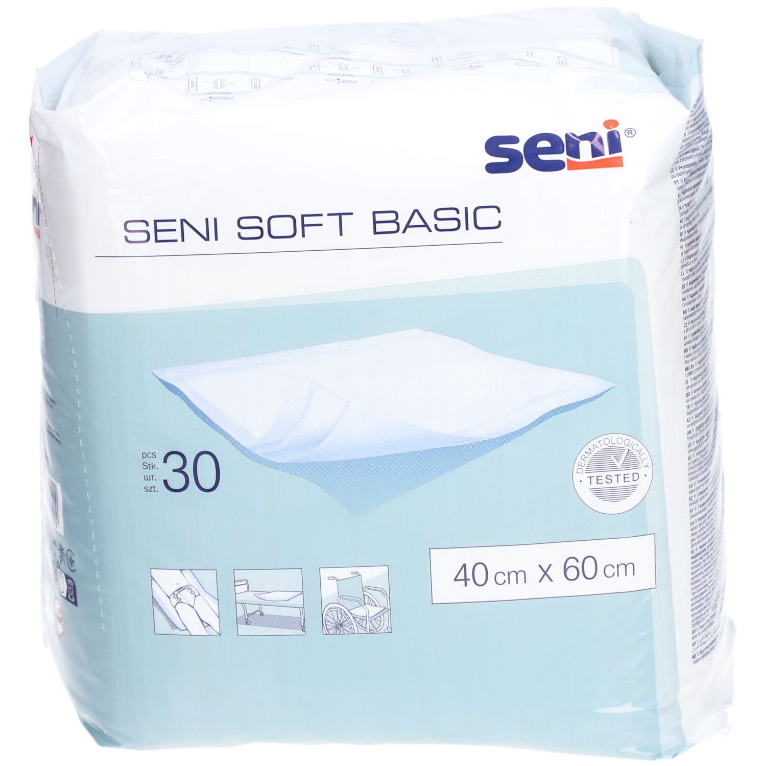 Emballage Seni Soft Basic. 30 unités, 40 x 60 cm. Logo et certification visibles.