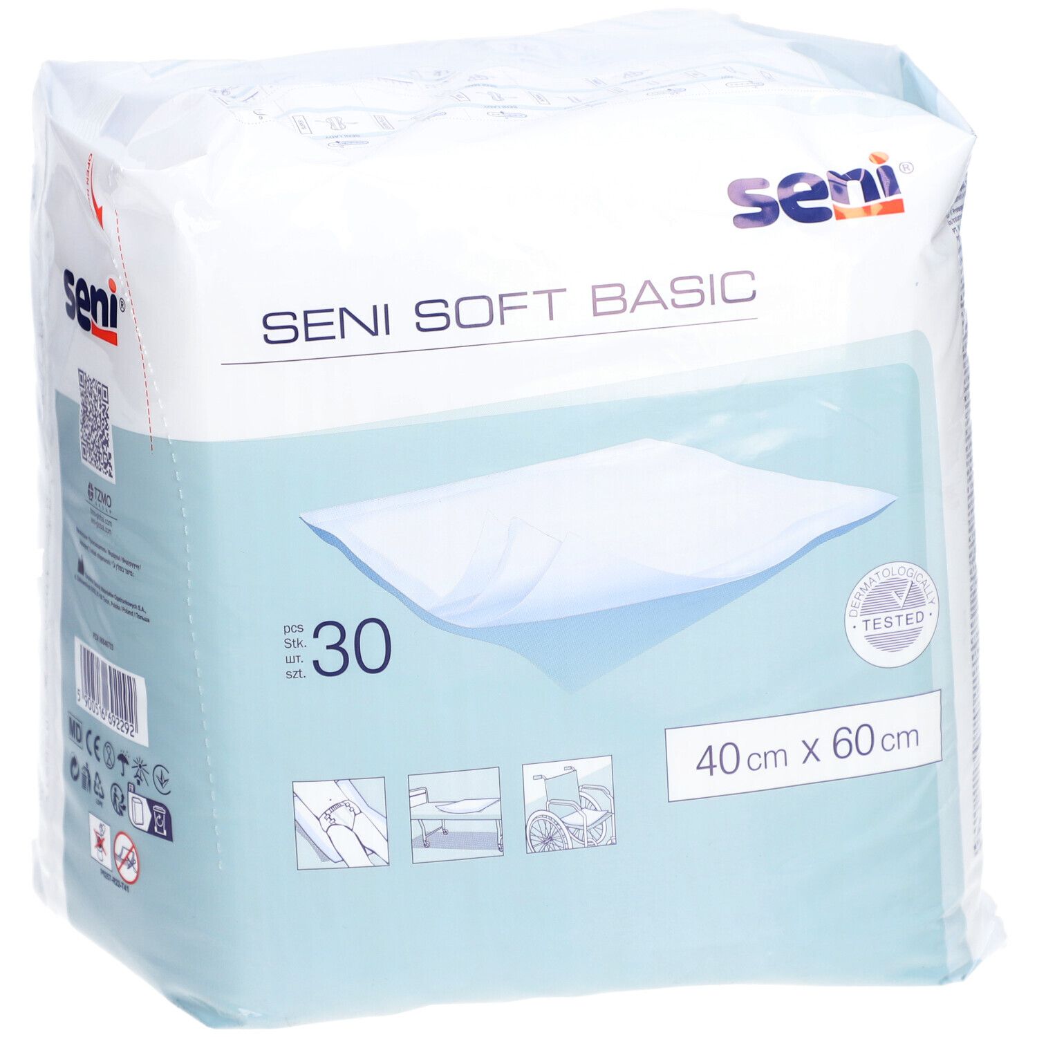 Emballage Seni Soft Basic. 30 unités, 40 x 60 cm. Logo et certification visibles.