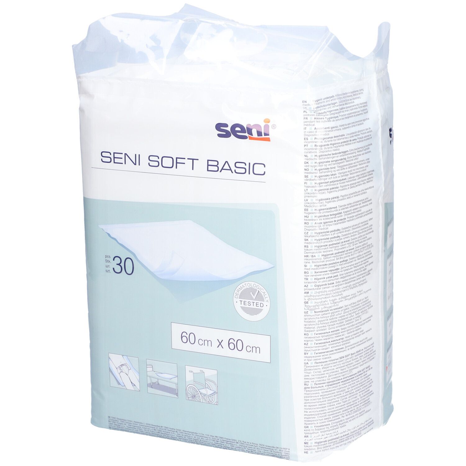 Emballage SENI Soft Basic Unterlage. 60x60cm, 30 pièces. Marque SENI. Produit blanc, accents bleus. Produit testé.