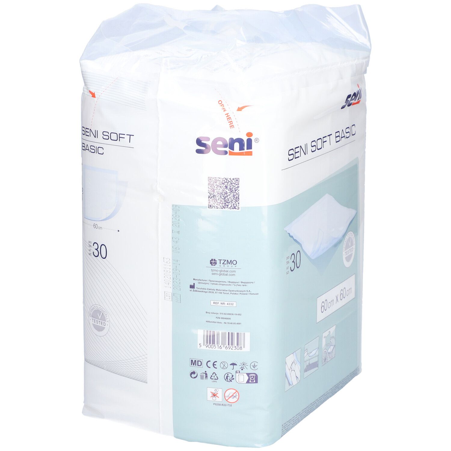 Emballage SENI Soft Basic Unterlage. 60x60cm, 30 pièces. Marque SENI. Produit blanc, accents bleus. Produit testé.