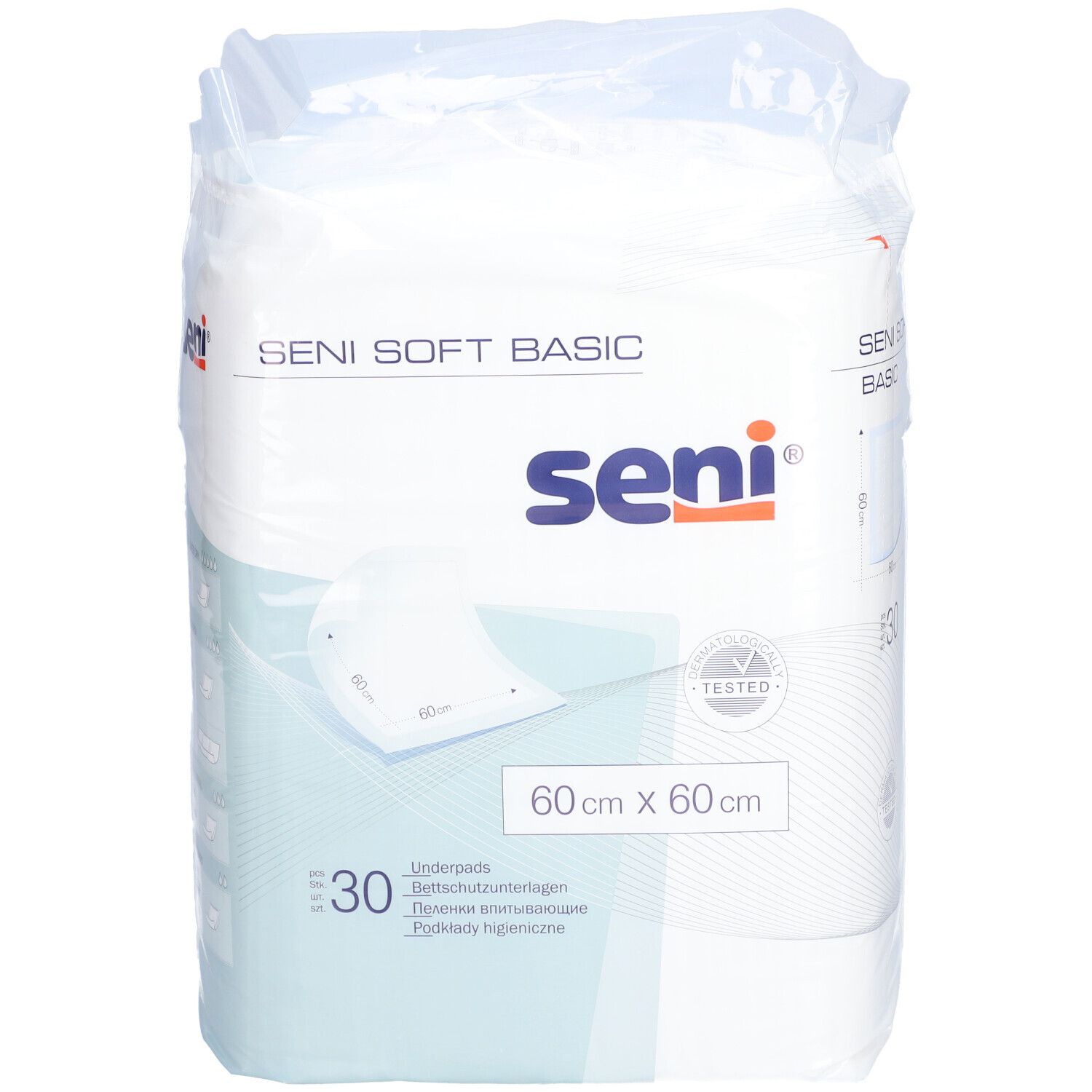 Emballage SENI Soft Basic Unterlage. 60x60cm, 30 pièces. Marque SENI. Produit blanc, accents bleus. Produit testé.