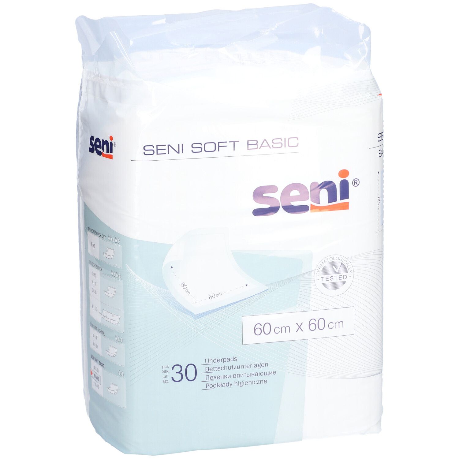 Emballage SENI Soft Basic Unterlage. 60x60cm, 30 pièces. Marque SENI. Produit blanc, accents bleus. Produit testé.