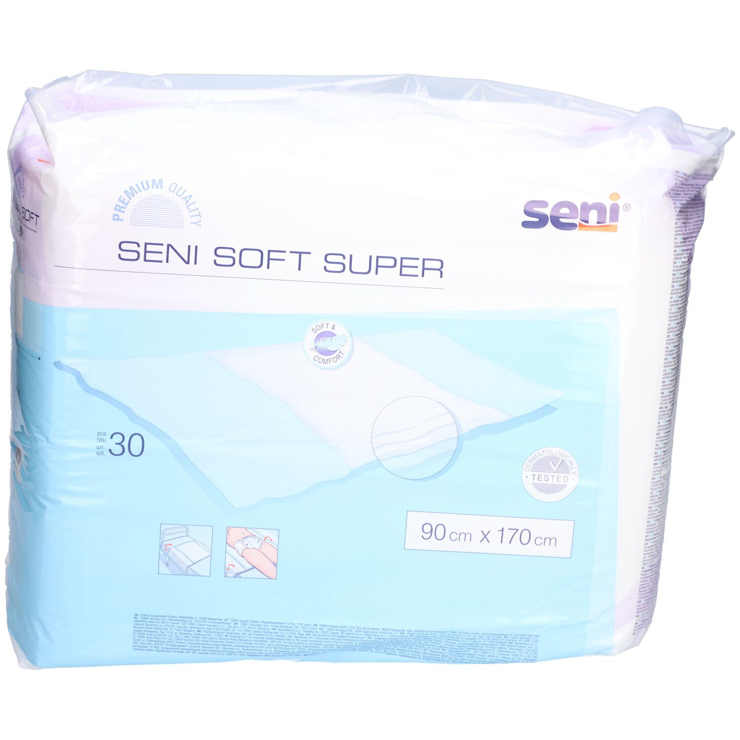 Emballage Seni Soft Super. Contient 30 unités. Dimensions 90 x 170 cm. Marque Seni. Avec label qualité.