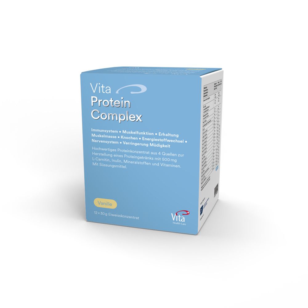 Boîte bleu clair avec "Vita Protein Complex" et texte. Goût vanille. Contient 12 sachets.