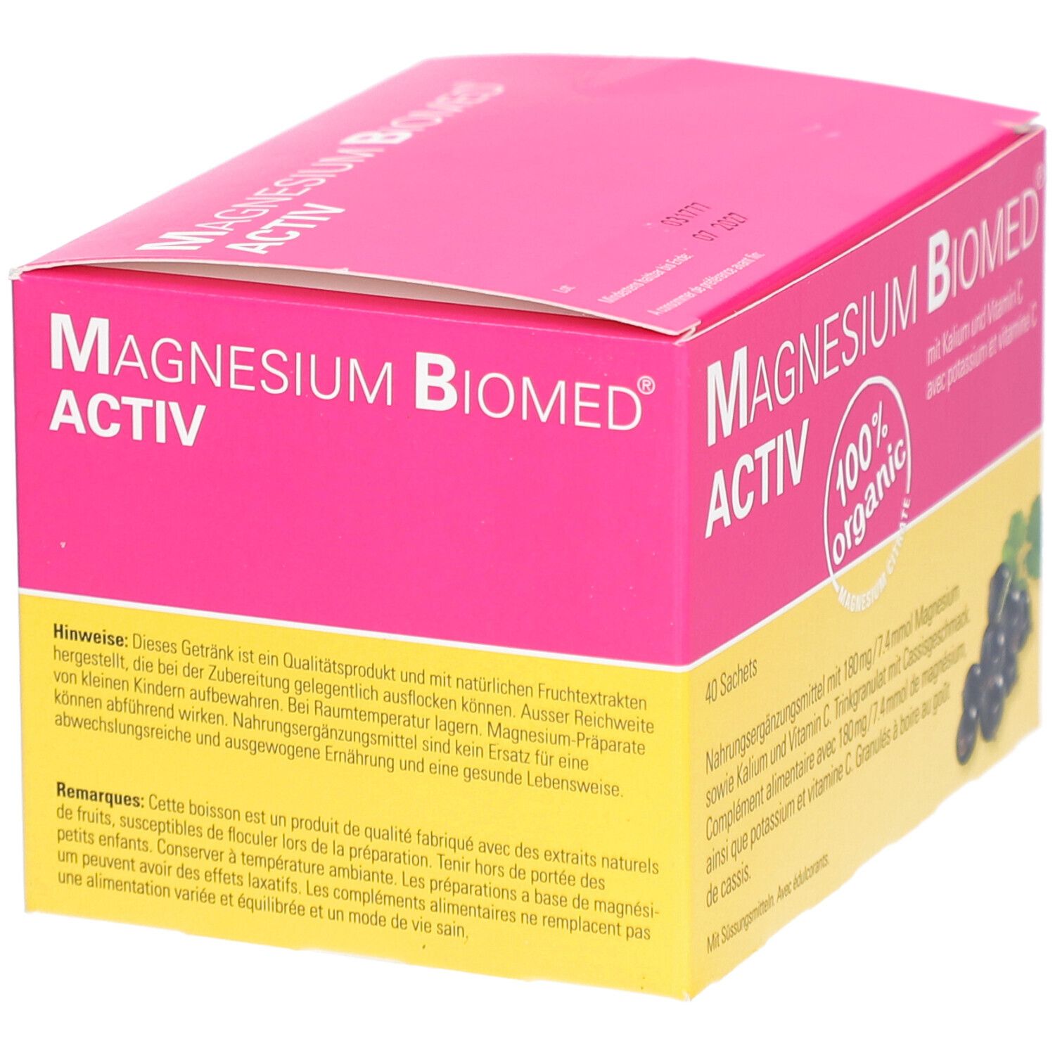Boîte rose et jaune "Magnésium Biomed Activ". Texte et avertissements. 40 sachets.
