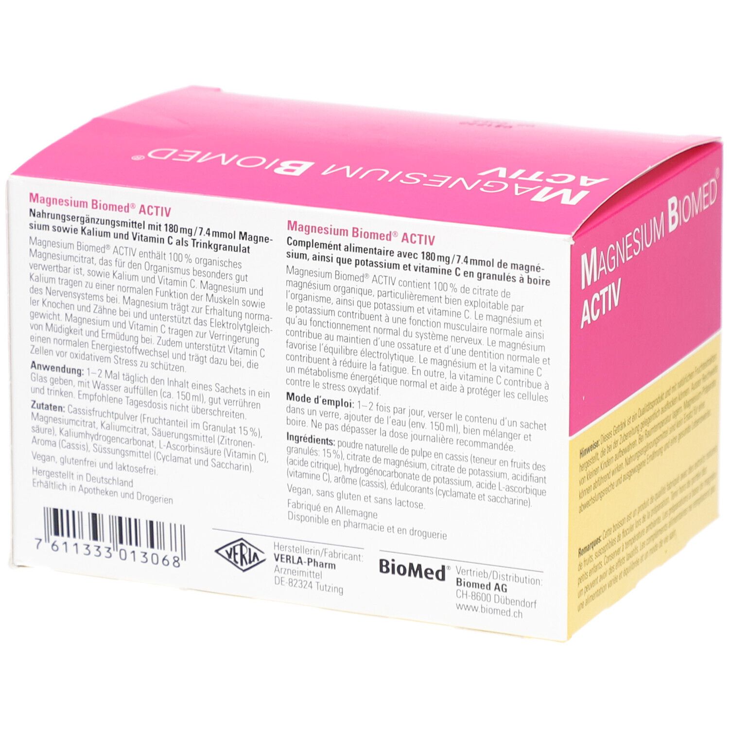 Dos de la boîte rose et jaune "Magnésium Biomed Activ". Texte en allemand et français.