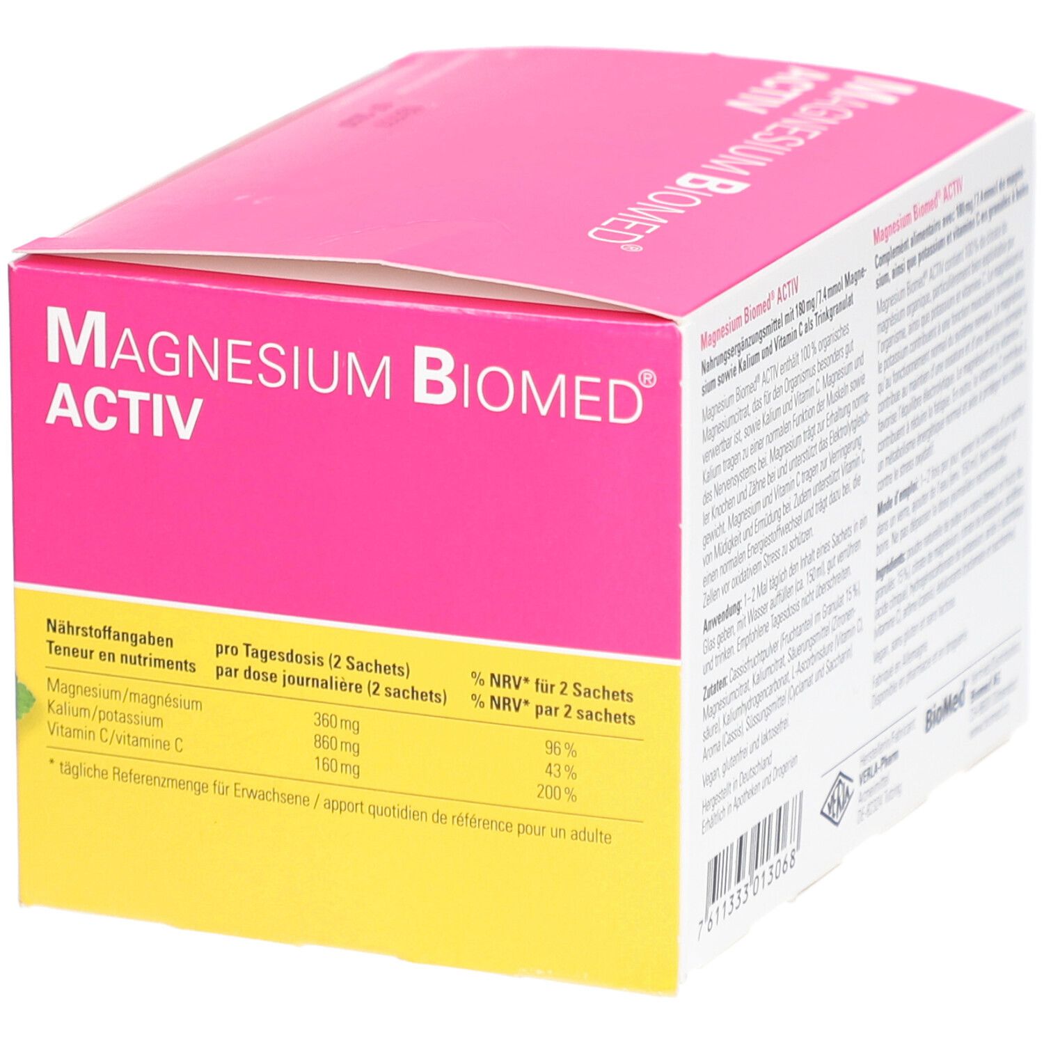 Côté de la boîte rose et jaune "Magnésium Biomed Activ". Informations nutritionnelles.