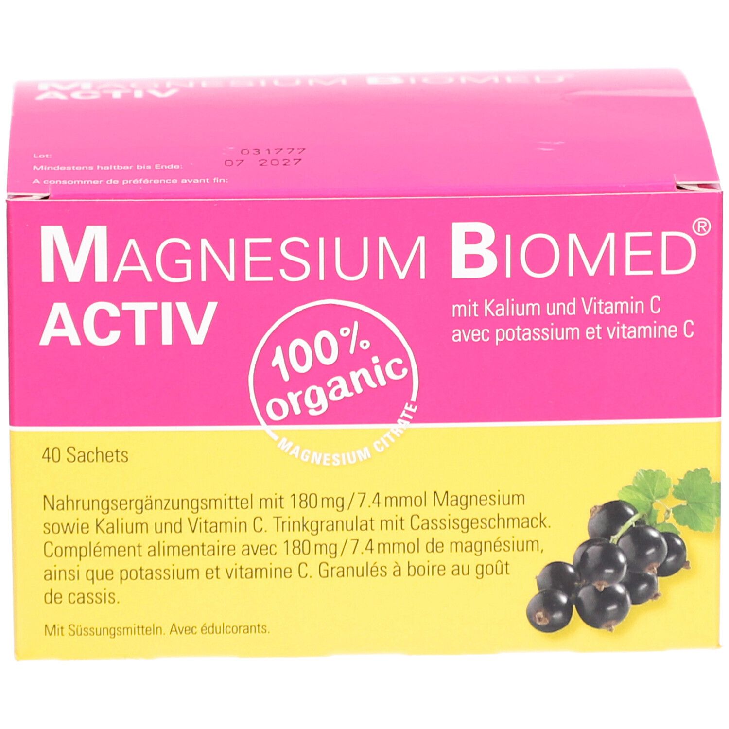 Boîte rose et jaune "Magnésium Biomed Activ". 40 sachets. Illustration de cassis.