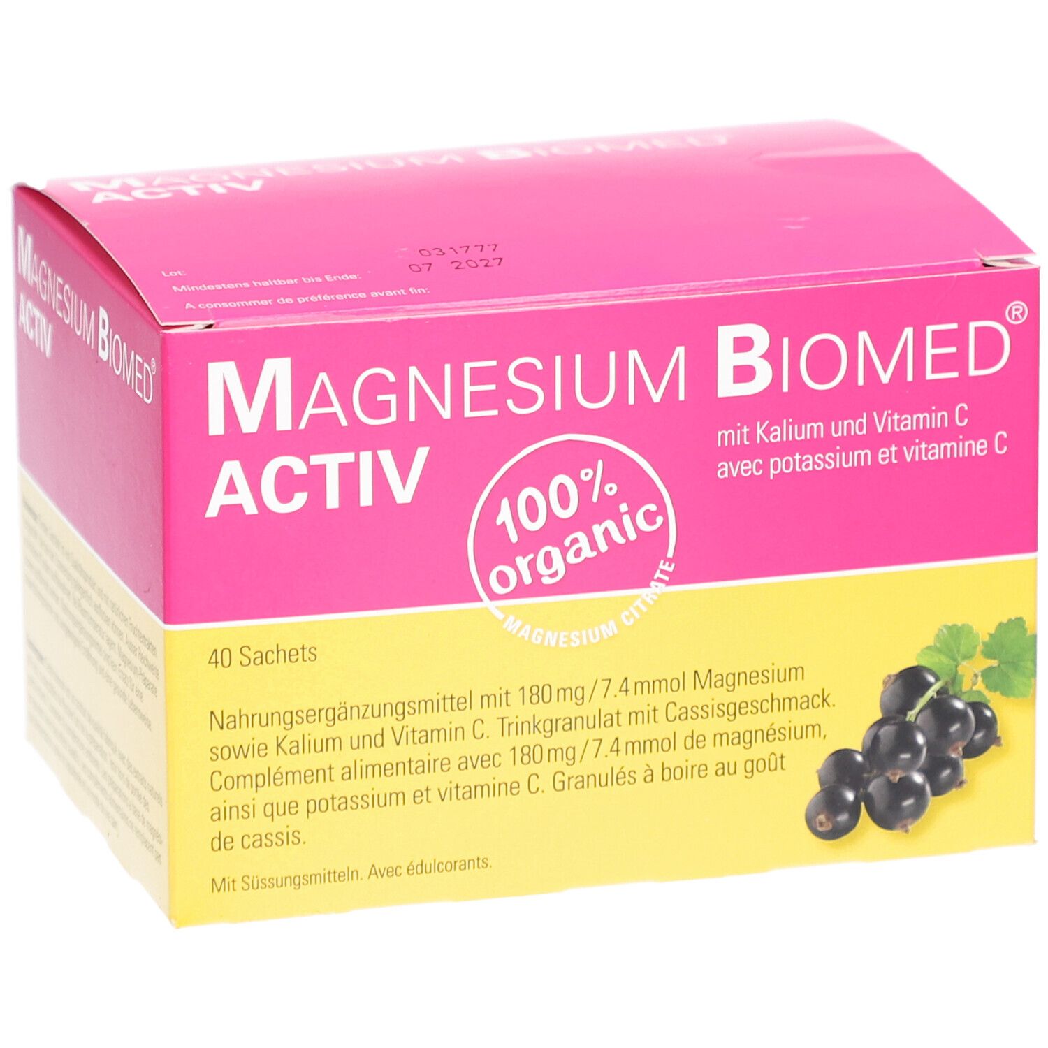 Boîte rose et jaune "Magnésium Biomed Activ". 40 sachets. Illustration de cassis.