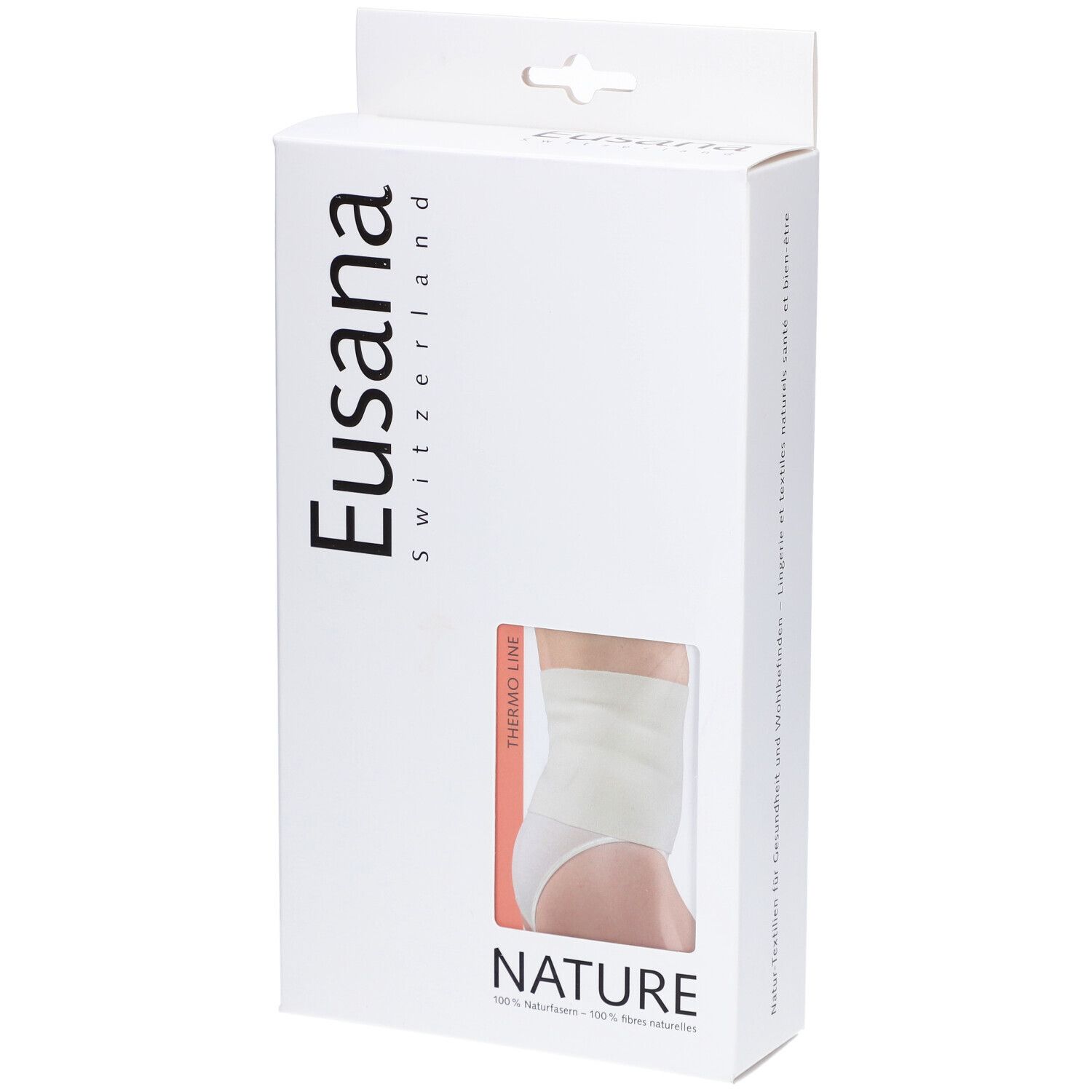 Emballage avec image du produit. Marque Eusana. Fenêtre montrant une ceinture lombaire. Texte : NATURE, THERMO LINE.