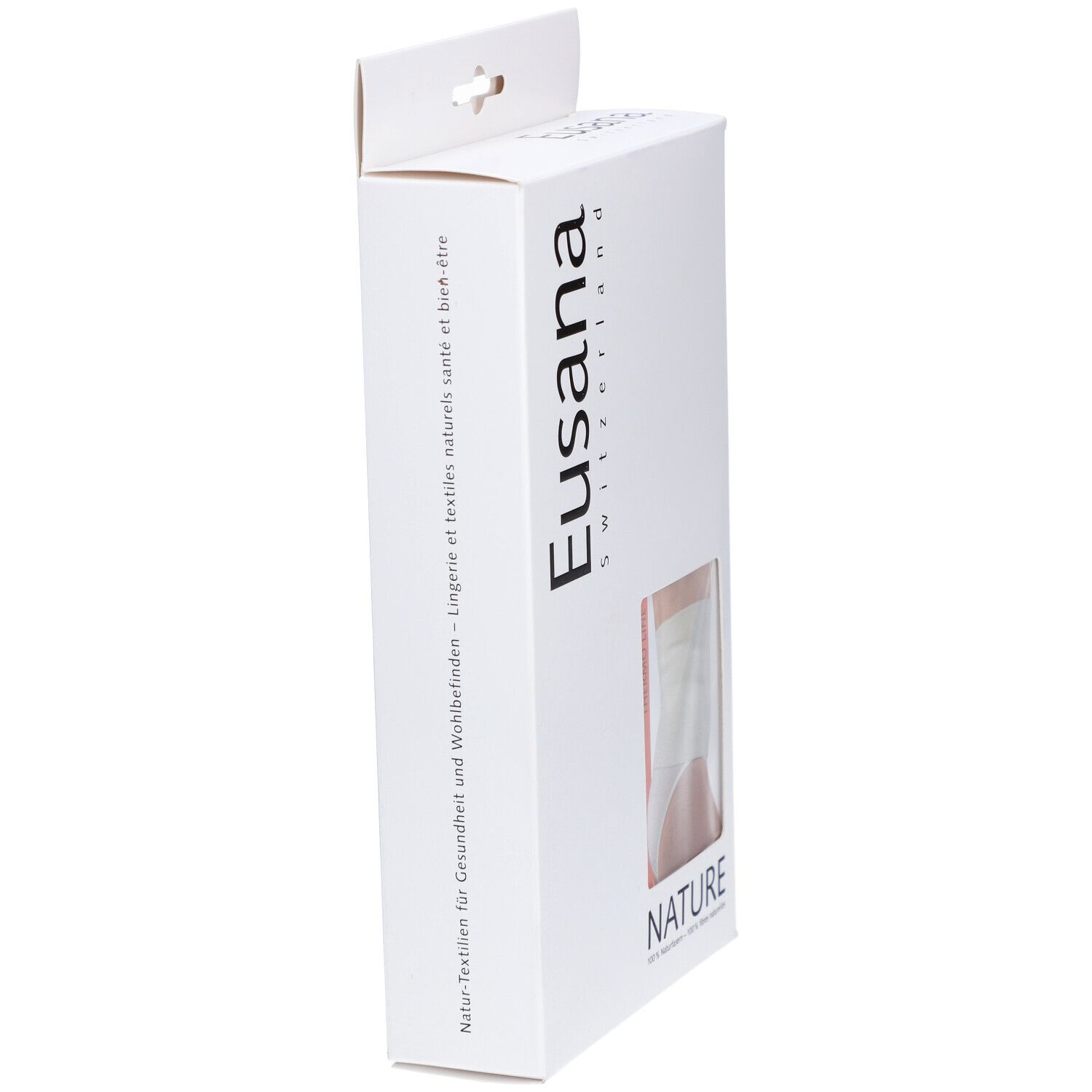 Vue latérale de l'emballage. Marque Eusana. Fenêtre montrant une ceinture lombaire. Texte : NATURE, THERMO LINE.