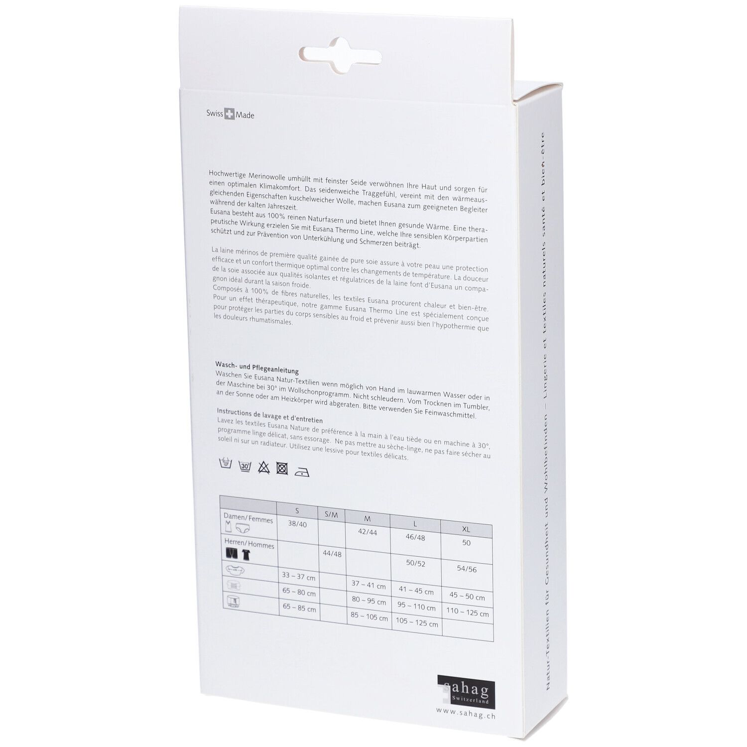 Dos de l'emballage. Texte et tableau des tailles. Marque ahag. Symboles de lavage. Texte : Swiss Made.