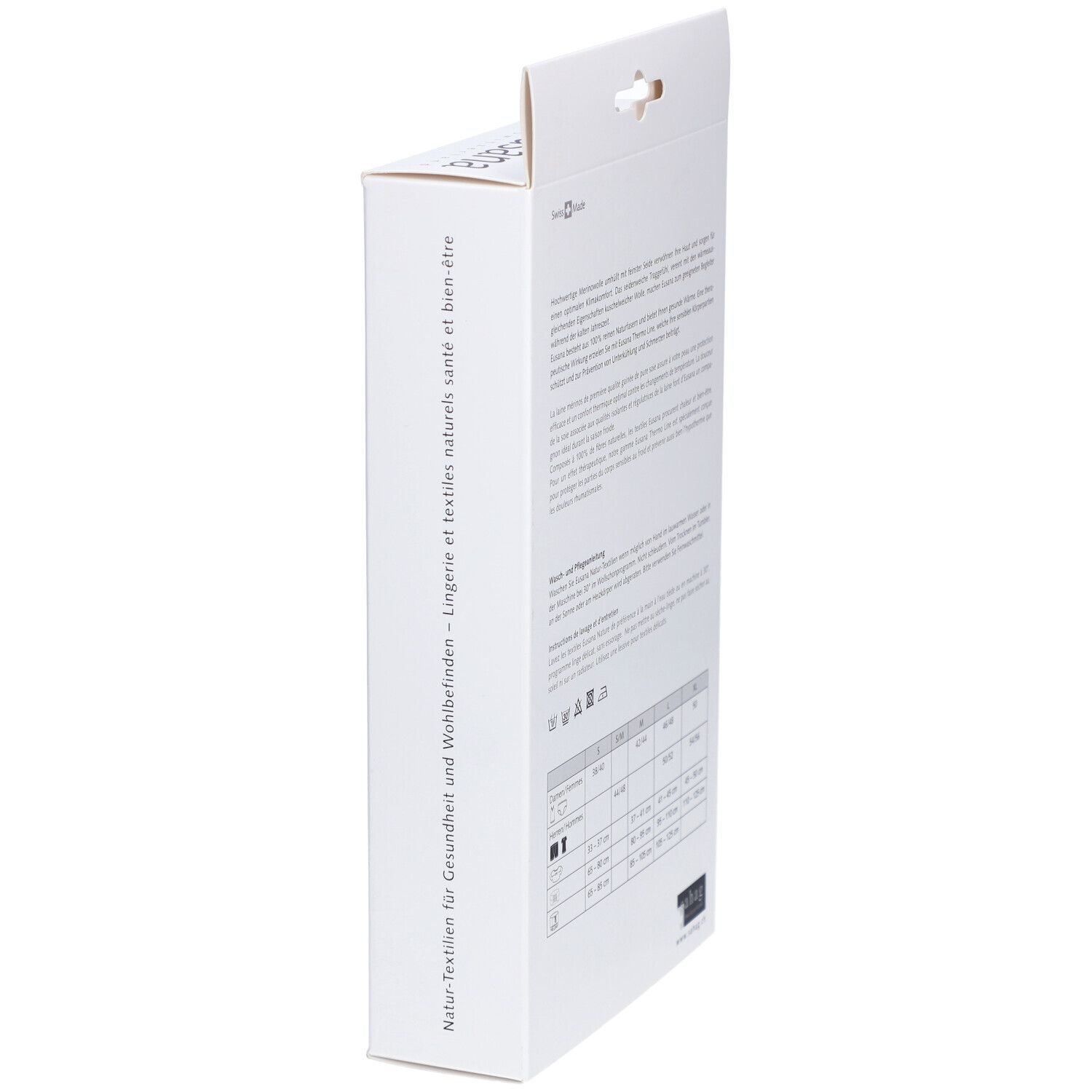 Vue latérale de l'emballage. Texte et tableau des tailles. Marque ahag. Symboles de lavage.