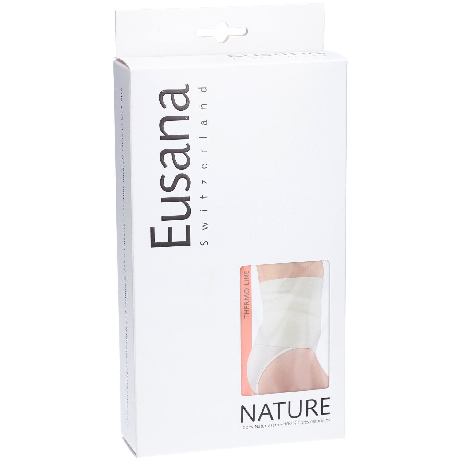 Emballage avec image du produit. Marque Eusana. Fenêtre montrant une ceinture lombaire. Texte : NATURE, THERMO LINE.