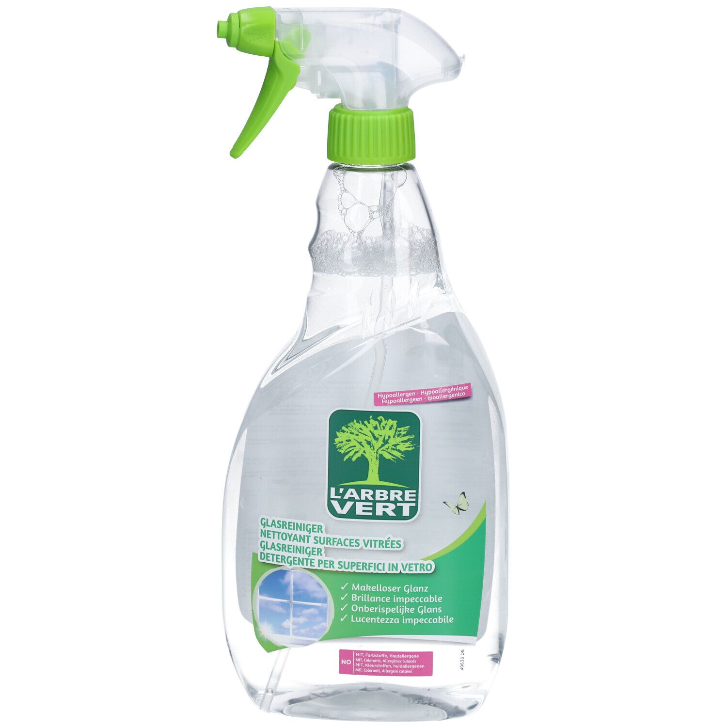 Flacon pulvérisateur de nettoyant pour vitres transparent, tête verte. Logo L'ARBRE VERT et texte sur l'étiquette.