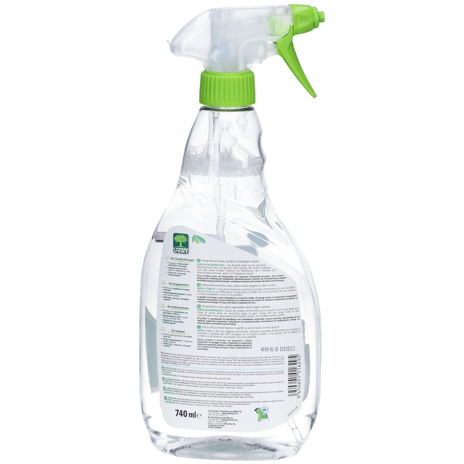 Vue arrière du flacon de nettoyant pour vitres. Étiquette avec texte et logo L'ARBRE VERT. Volume : 740 ml.