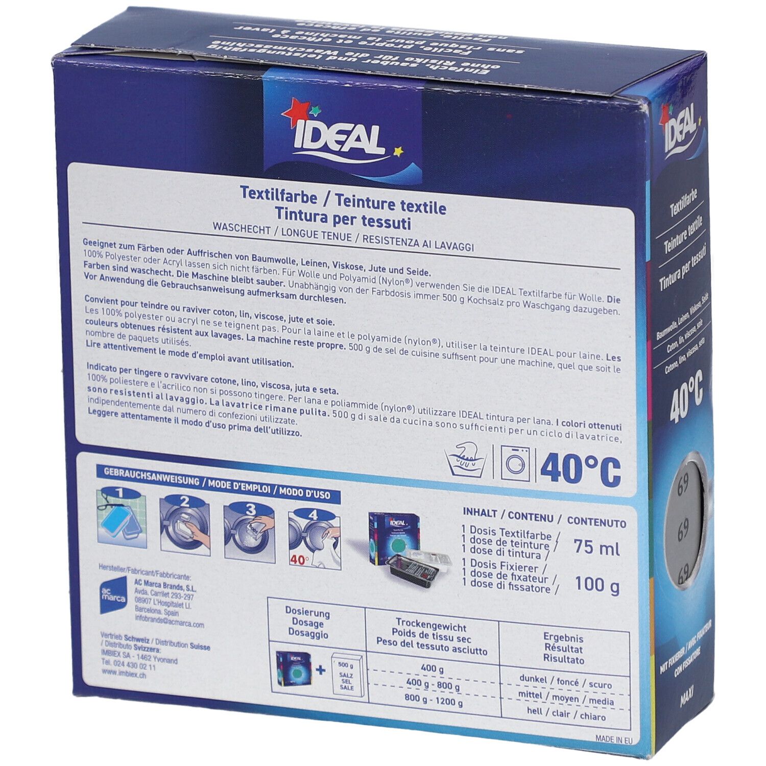 Dos de la boîte de teinture textile IDEAL. Informations textuelles, symboles de lavage, instructions de dosage. Contenu: 75 ml de teinture, 100 g de fixateur.