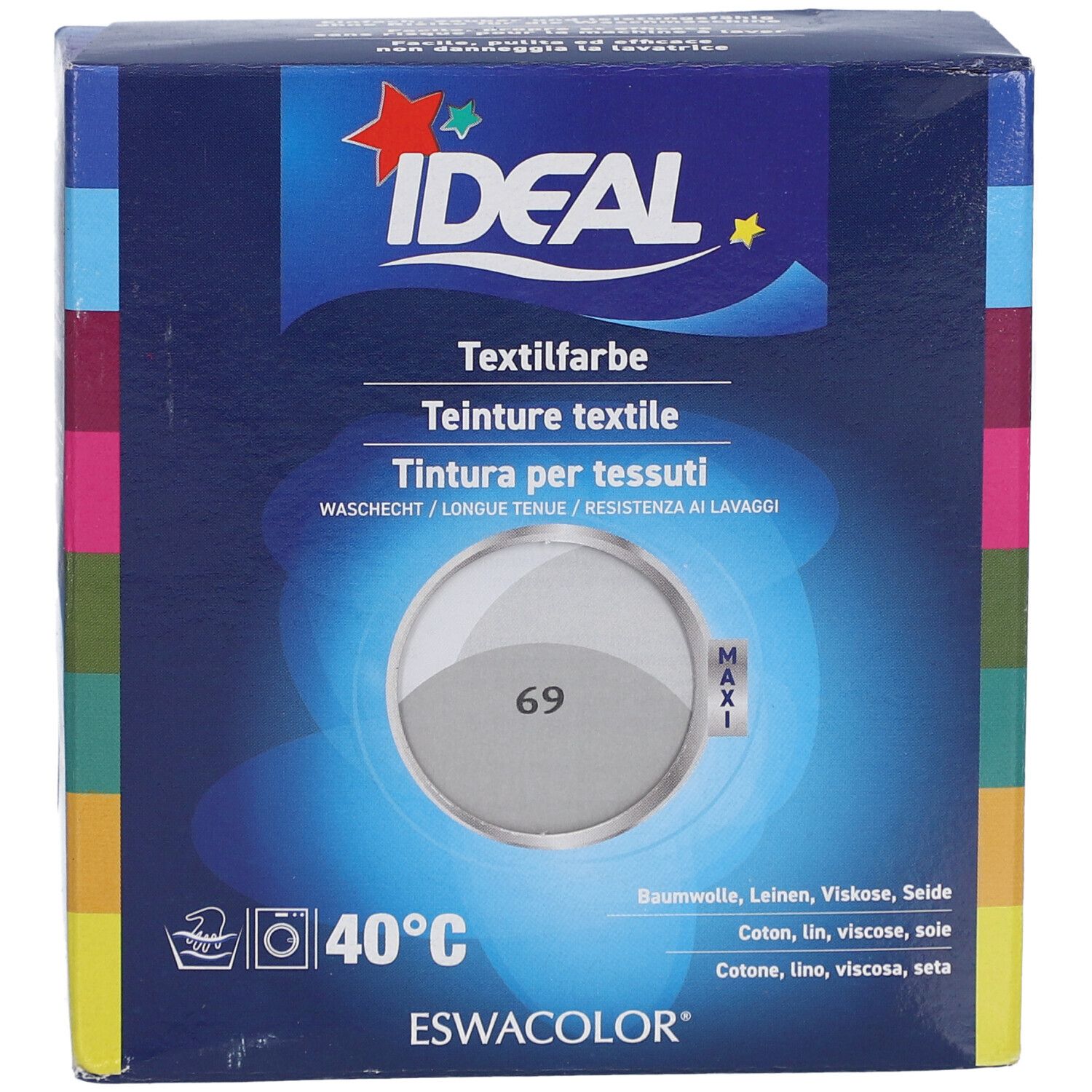 Boîte de teinture textile IDEAL. Nuancier gris perle avec le numéro 69. Symbole de lavage et 40°C. Coton, lin, viscose, soie.
