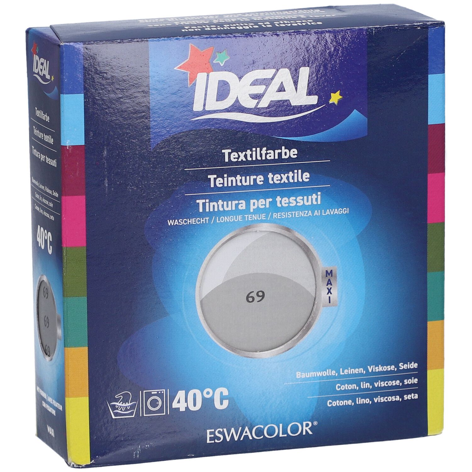 Boîte de teinture textile IDEAL. Nuancier gris perle avec le numéro 69. Symbole de lavage et 40°C. Logo ESWACOLOR.