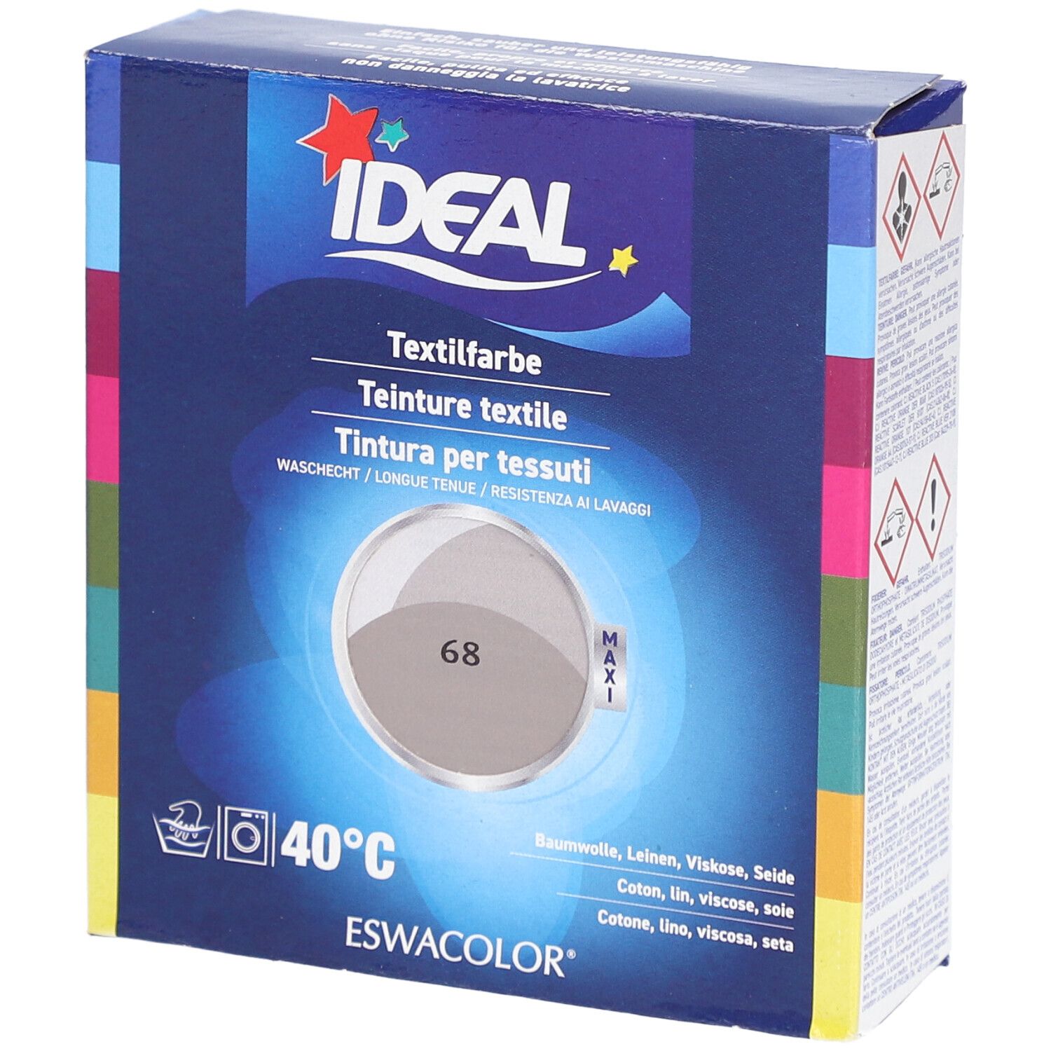 Teinture textile IDEAL, teinte 68 Taupe, emballage carton. Lavable à 40°C. Pour coton, lin, viscose, soie.