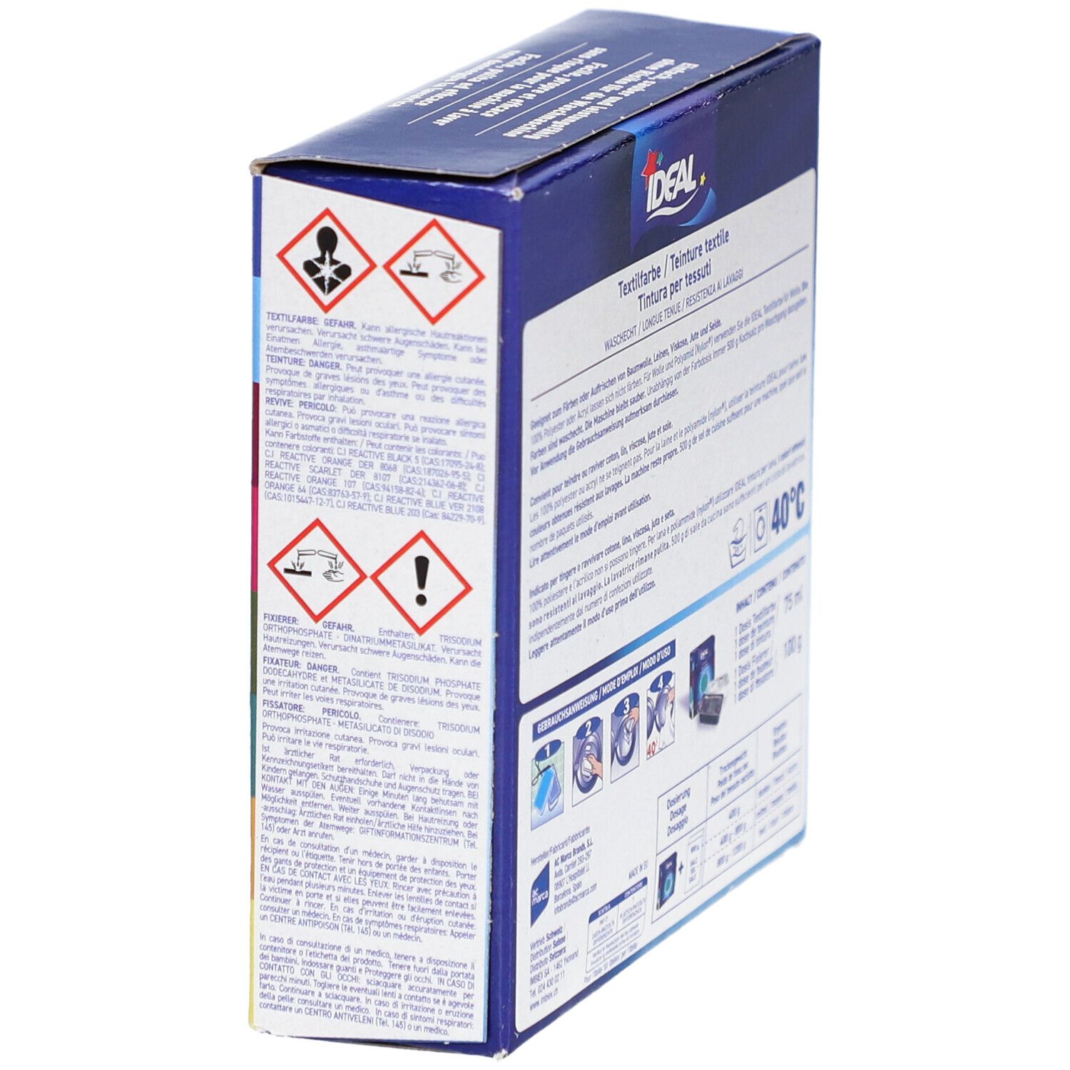 Côté de l'emballage de la teinture textile IDEAL avec avertissements et symboles de lavage. Lavable à 40°C.
