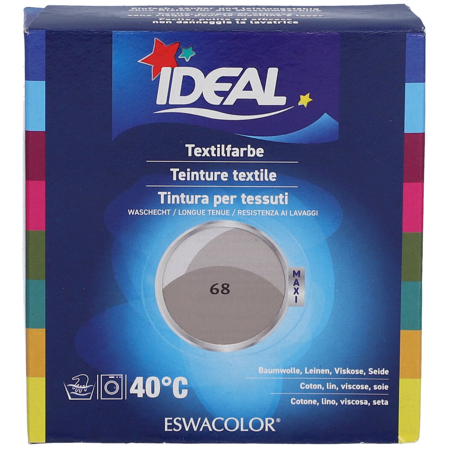 Teinture textile IDEAL, teinte 68 Taupe, emballage carton. Lavable à 40°C. Convient à divers textiles.