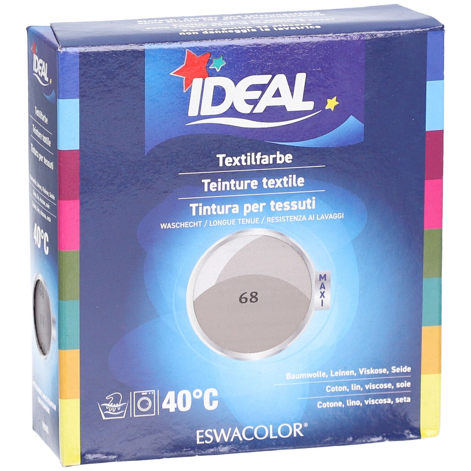 Teinture textile IDEAL, teinte 68 Taupe, emballage carton. Lavable à 40°C. Convient à divers textiles.