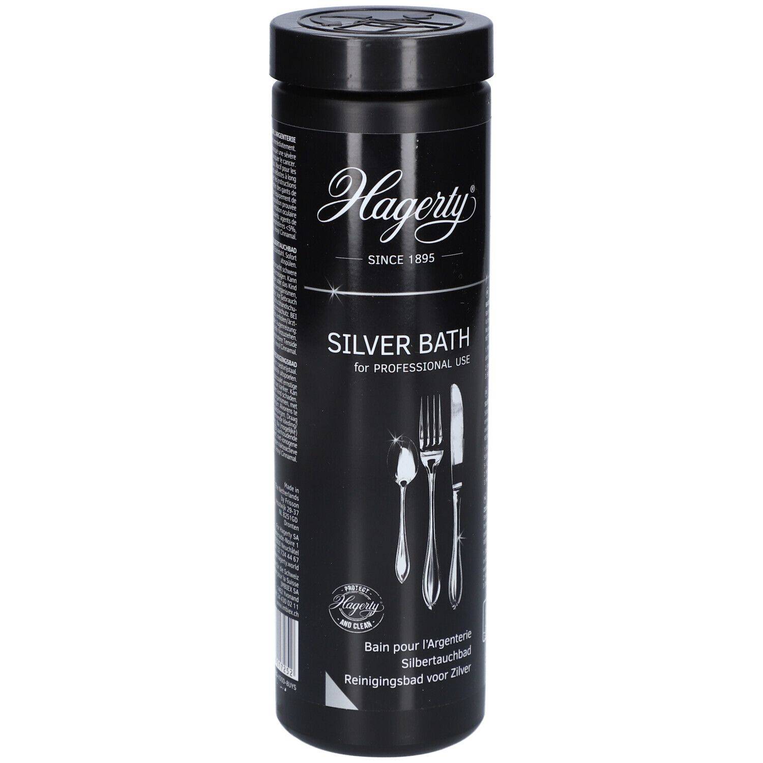 Flacon cylindrique noir avec logo Hagerty et nom du produit Silver Bath. Illustration de couverts. Depuis 1895.