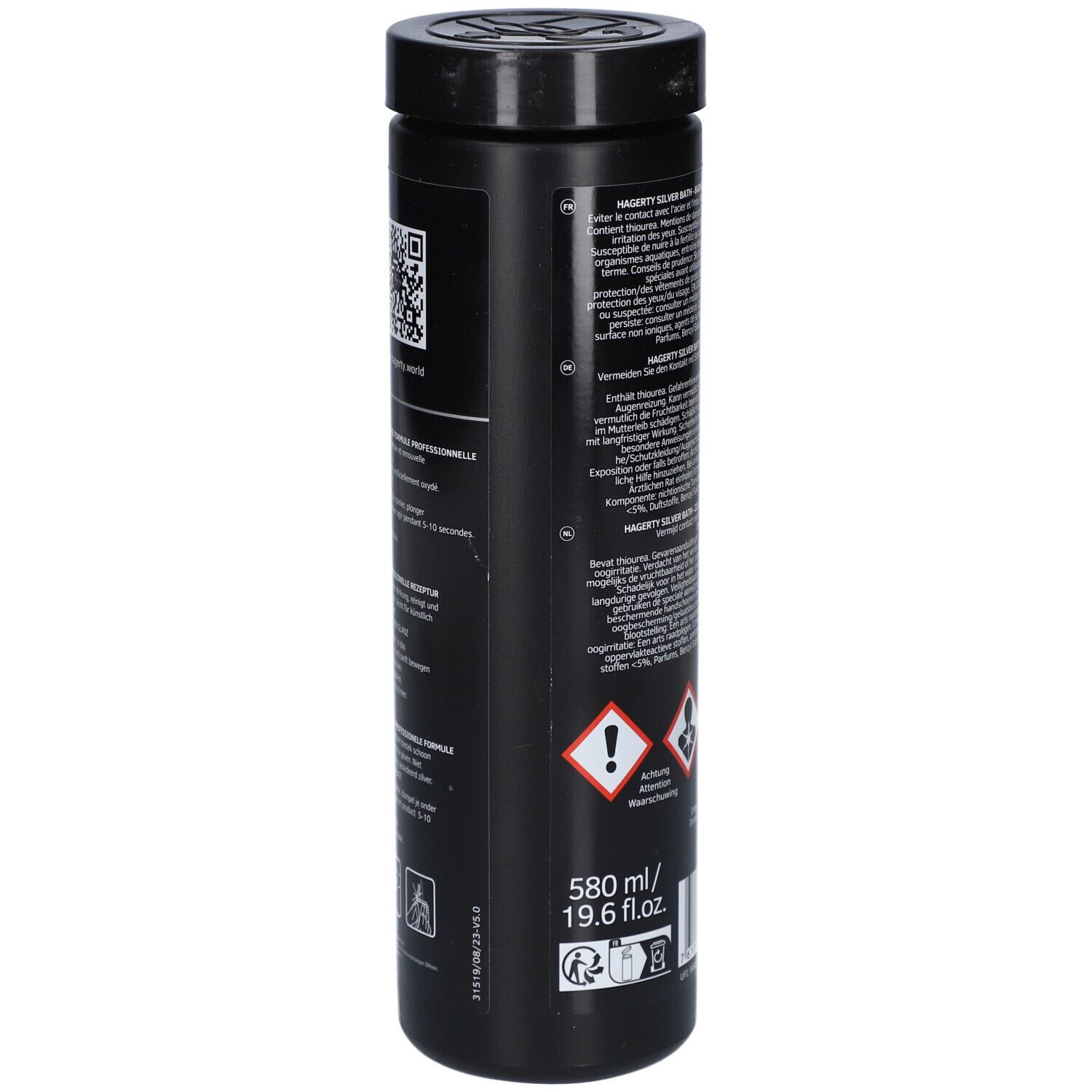 Flacon noir, vue latérale. Code QR et avertissements. Indication de volume : 580 ml / 19,6 fl.oz.