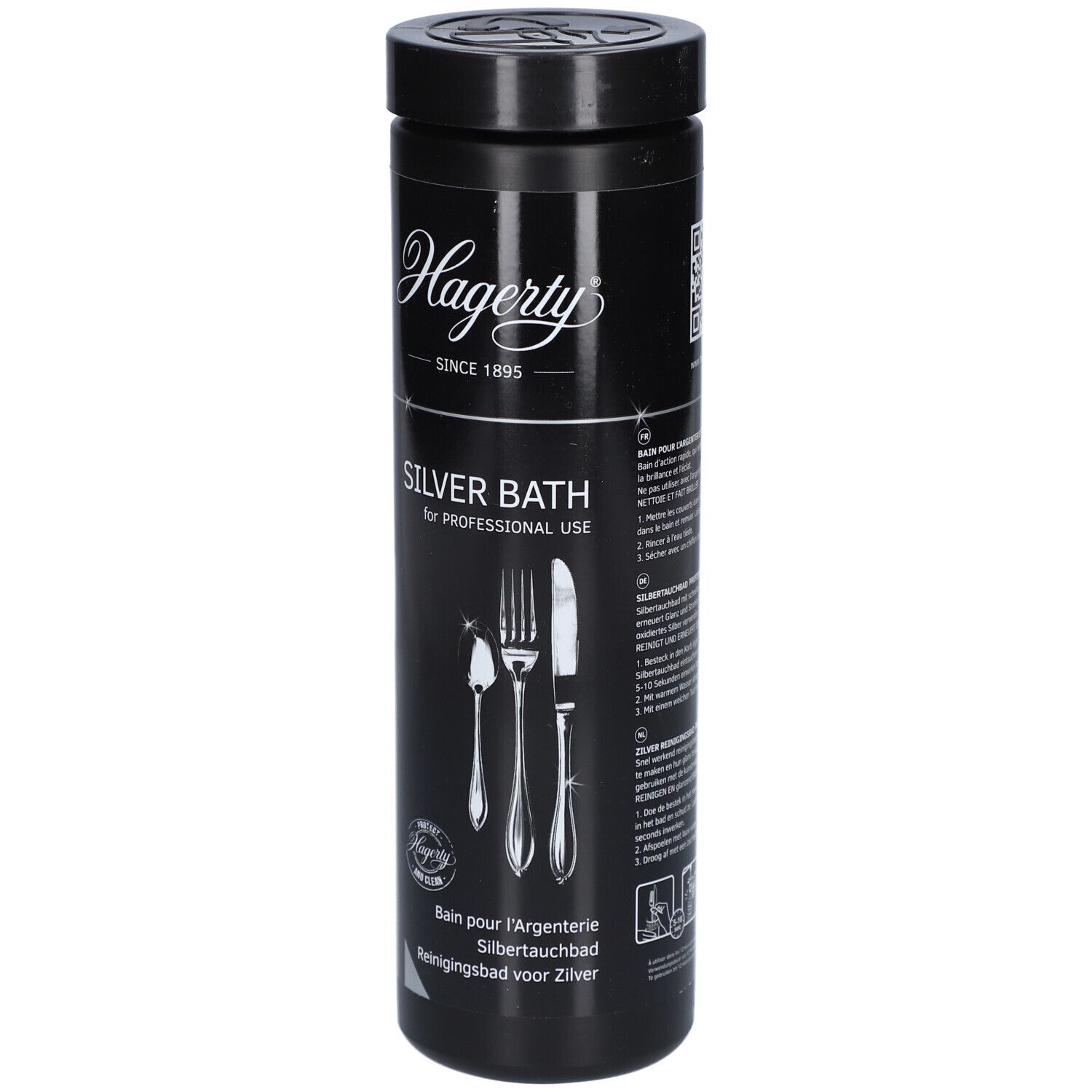 Flacon cylindrique noir avec logo Hagerty et nom du produit Silver Bath. Illustration de couverts. Depuis 1895.