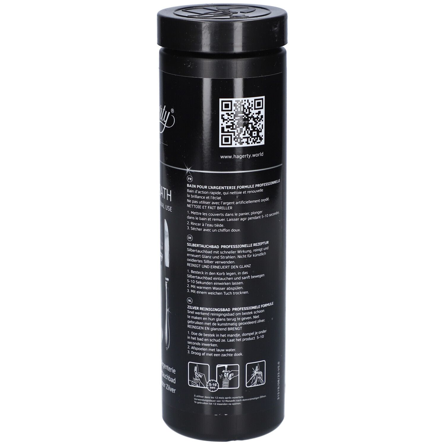 Dos du flacon noir. Code QR et texte multilingue. Instructions et avertissements.