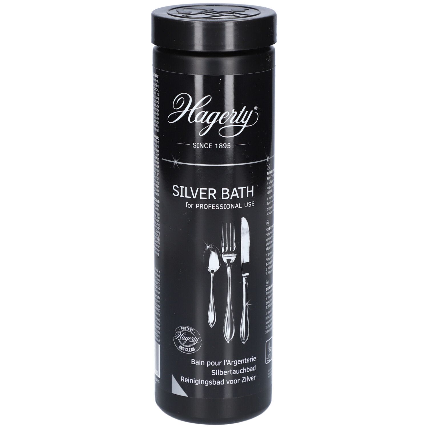 Flacon cylindrique noir avec logo Hagerty et nom du produit Silver Bath. Illustration de couverts. Depuis 1895.