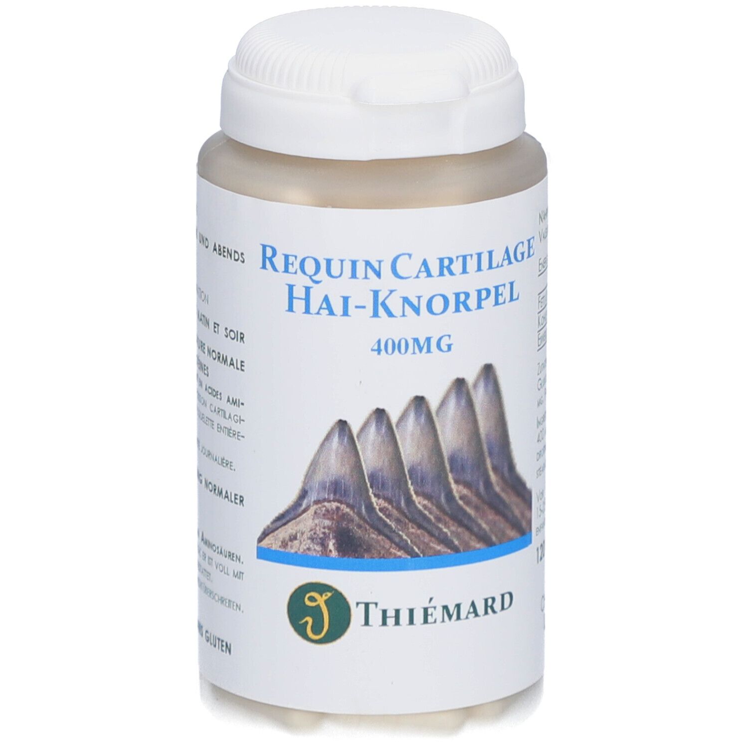 Flacon blanc contenant des gélules beiges. Inscription: Requin Cartilage Hai-Knorpel 400mg. Logo Thiemard.