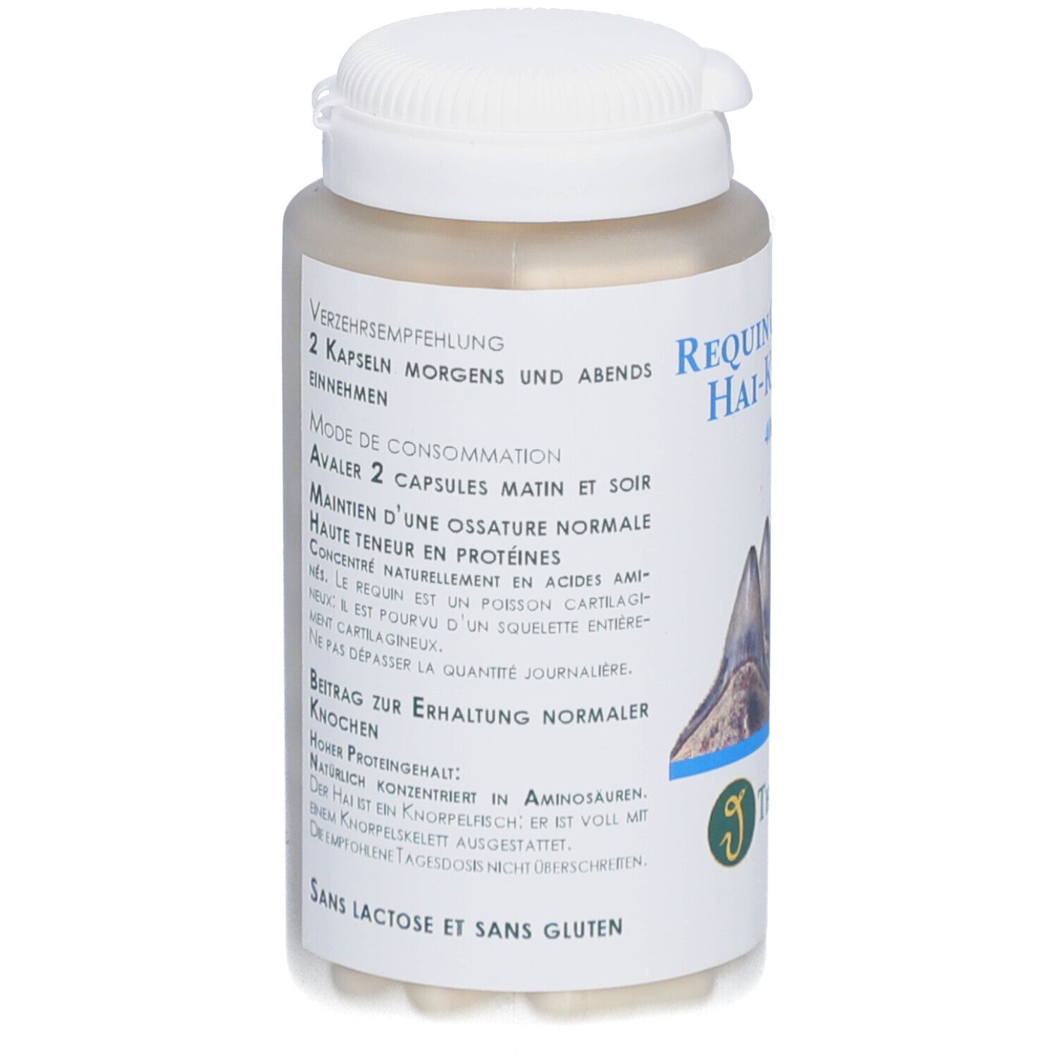 Dos d'un flacon blanc avec gélules beiges. Texte: Mode de consommation, 2 gélules matin et soir. Logo Thiemard.