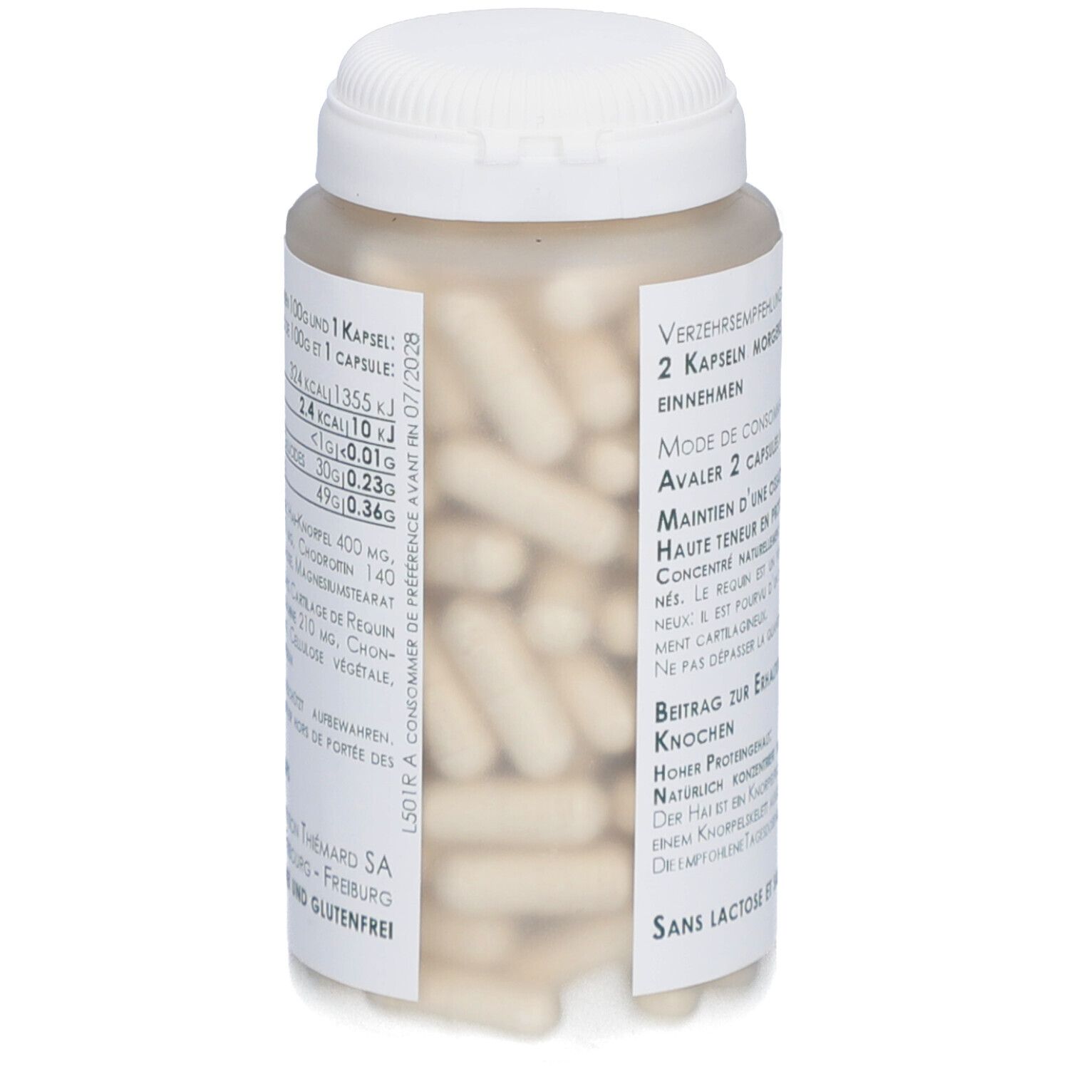 Flacon blanc avec gélules beiges. Inscription: Mode de consommation, 2 gélules matin et soir. Logo Thiemard.