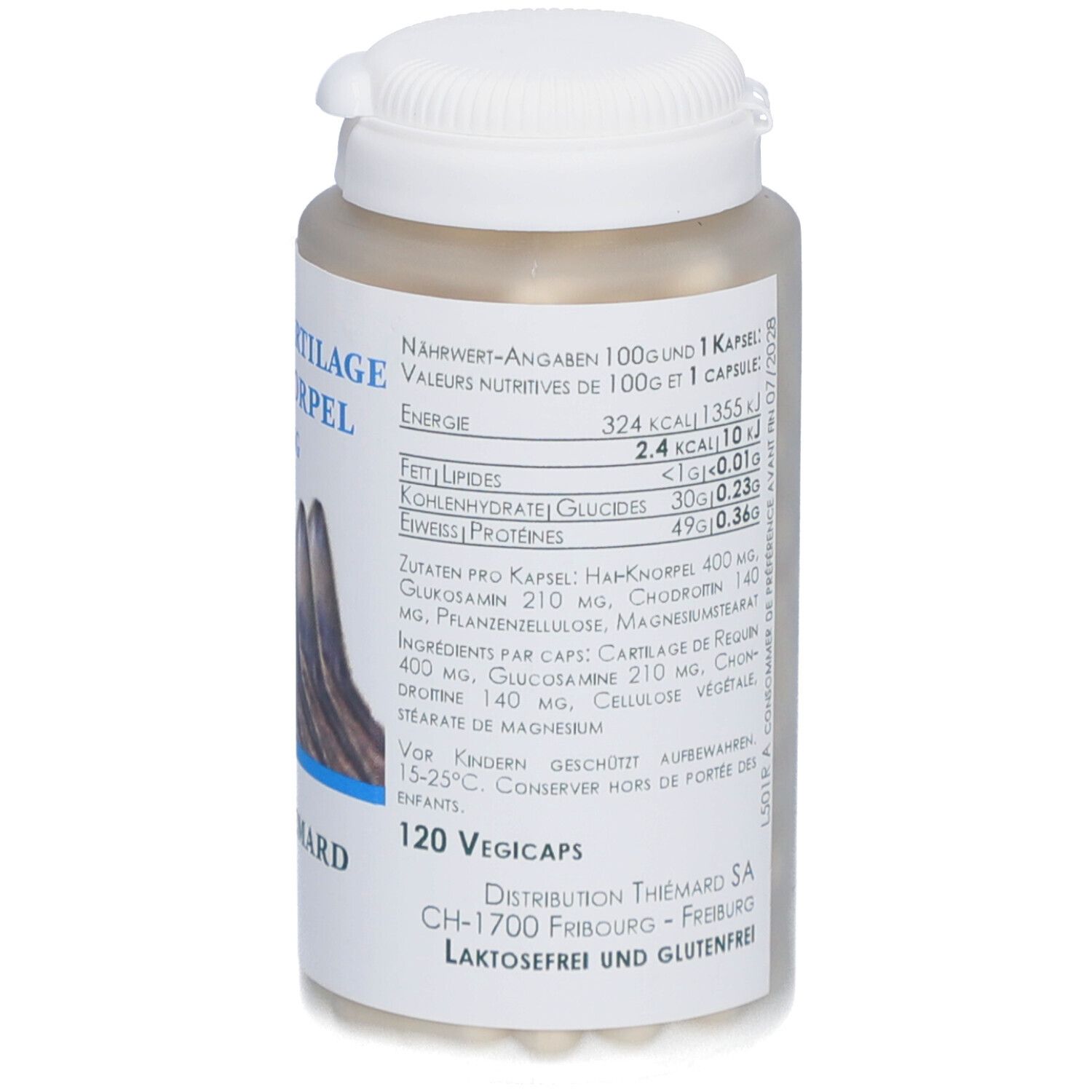Dos d'un flacon blanc avec gélules beiges. Informations nutritionnelles. Inscription: 120 Vegicaps. Logo Thiemard.