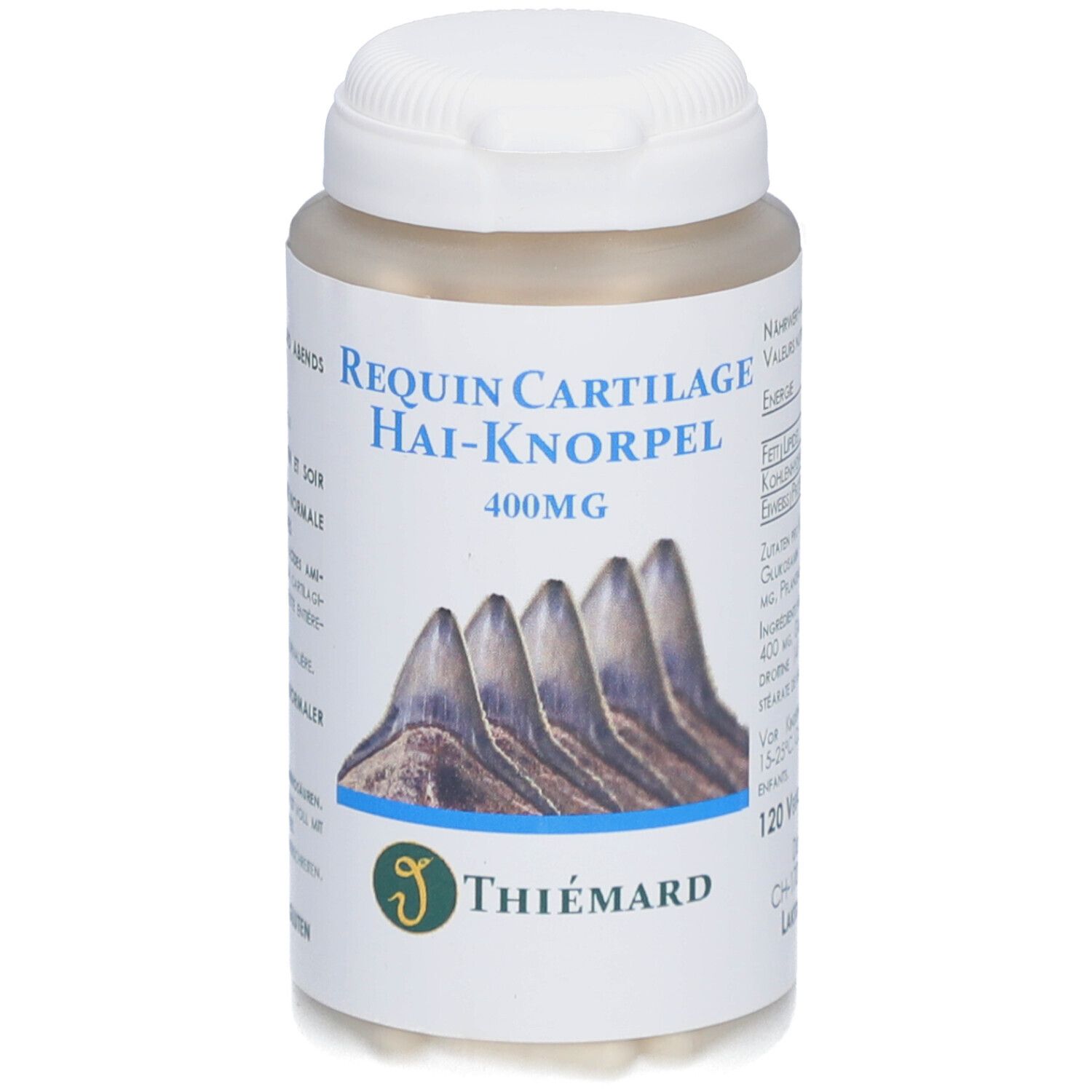Flacon blanc contenant des gélules beiges. Inscription: Requin Cartilage Hai-Knorpel 400mg. Logo Thiemard.