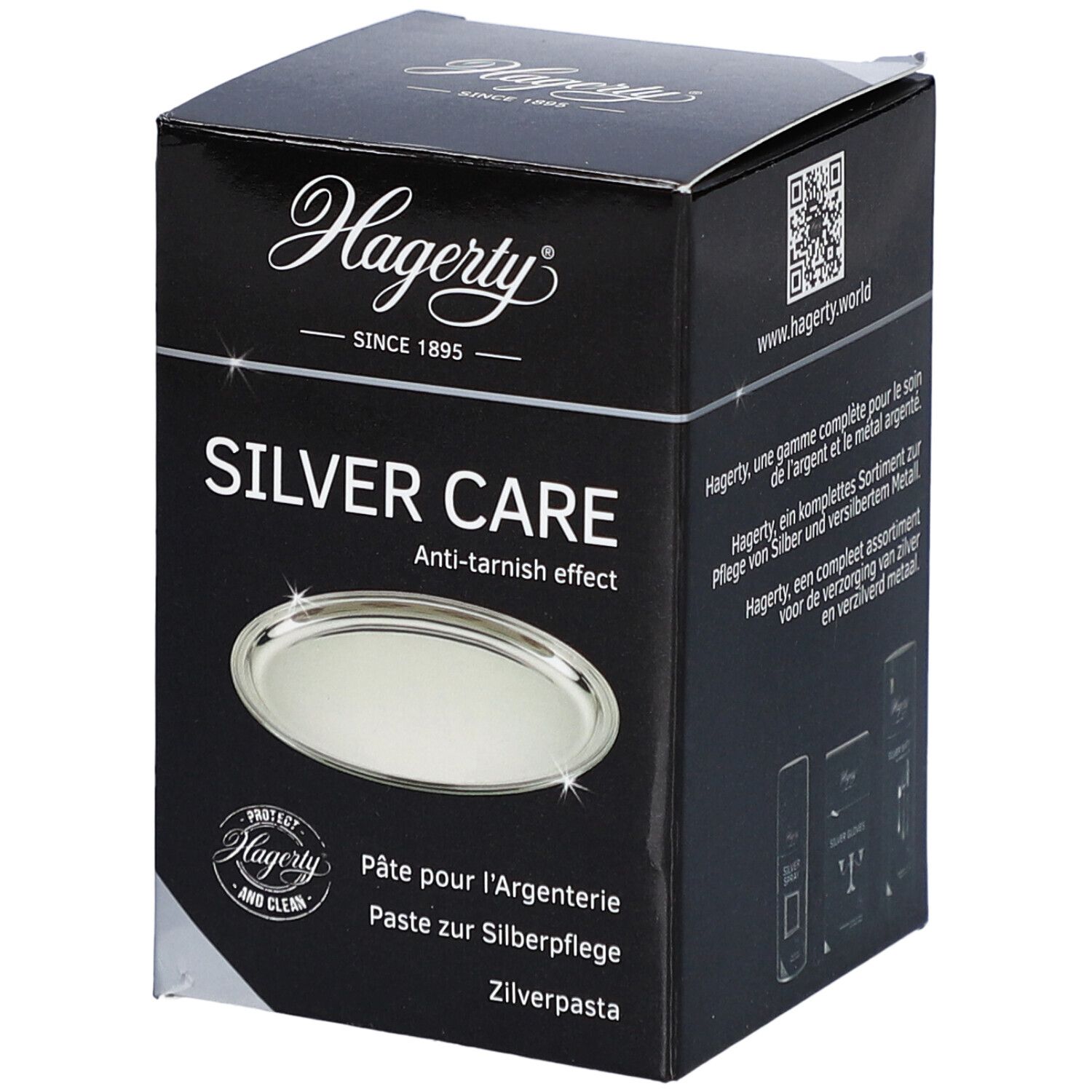 Boîte noire Hagerty Silver Care. Texte: Silver Care, Anti-tarnish effect. Image d'un plateau. Inscription: Pâte pour l'argenterie, Paste zur Silberpflege, Zilv.