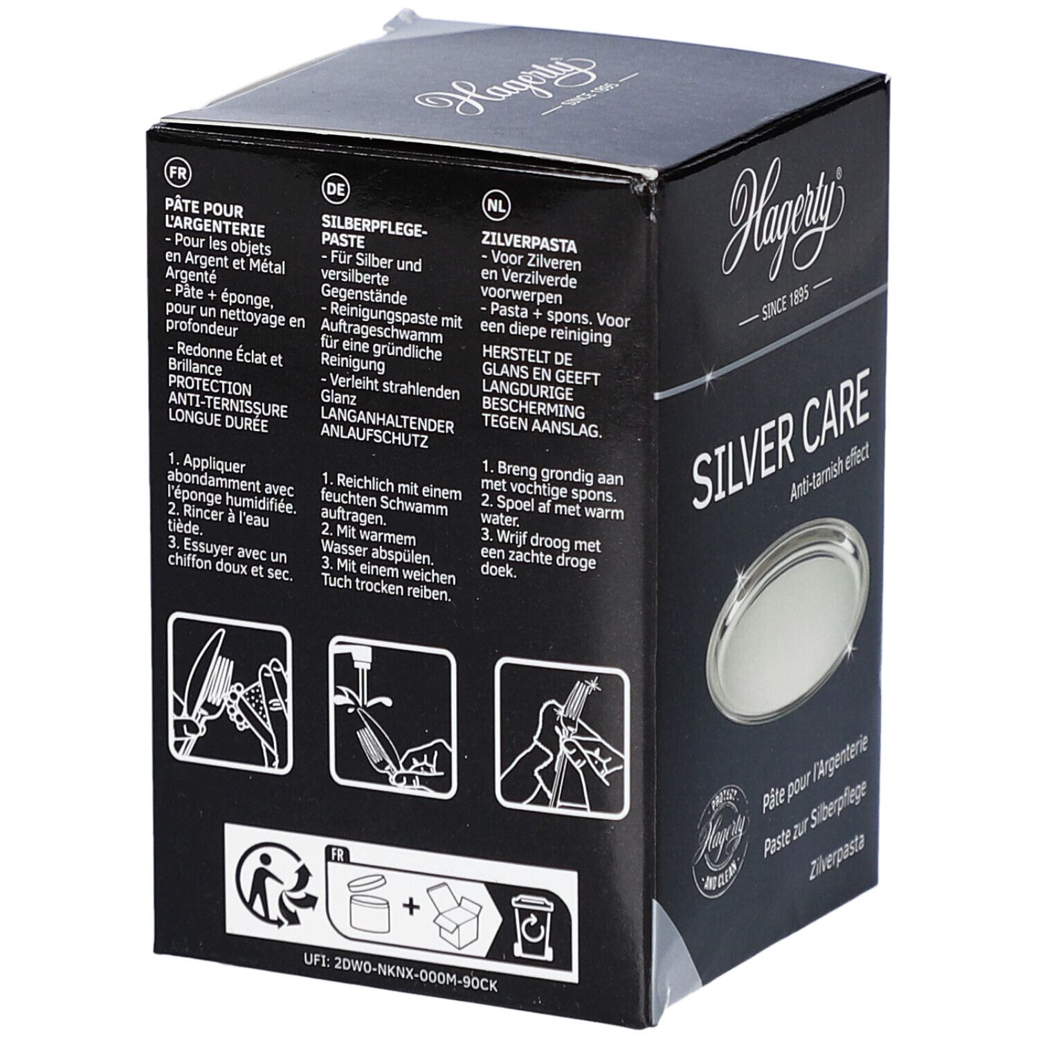 Dos de la boîte Hagerty Silver Care. Texte en allemand, français, néerlandais. Illustrations d'application. Code QR. Nom du produit: Pâte d'entretien argent.