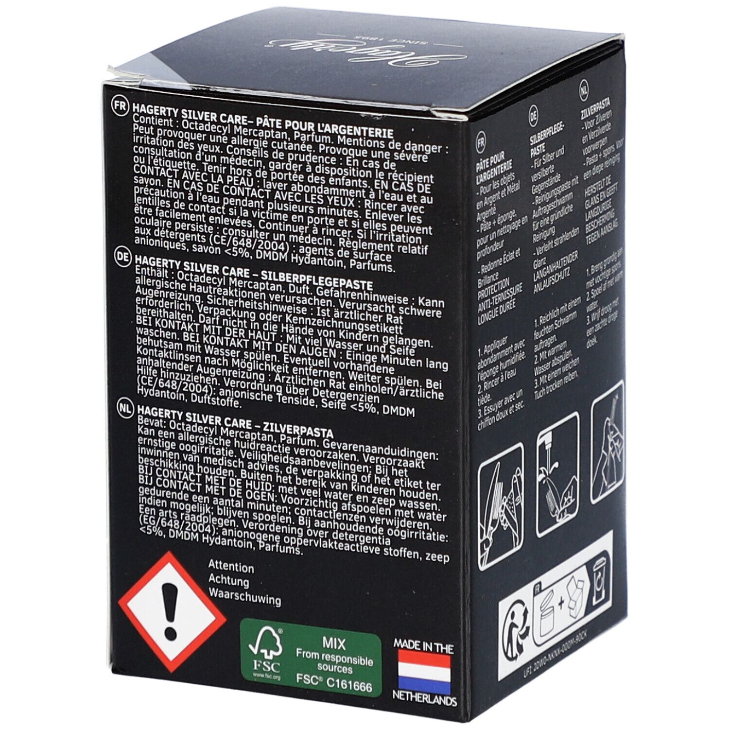 Côté de la boîte Hagerty Silver Care. Texte en allemand, français, néerlandais. Avertissements. Logo FSC. Fabriqué aux Pays-Bas.