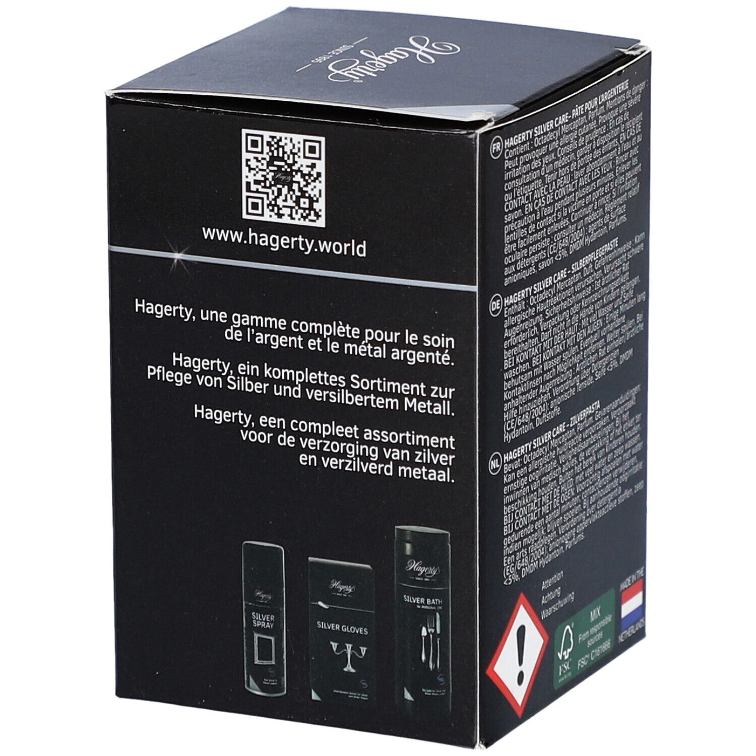 Dos de la boîte Hagerty Silver Care. Texte en allemand, français, néerlandais. Images d'autres produits Hagerty. Avertissements.