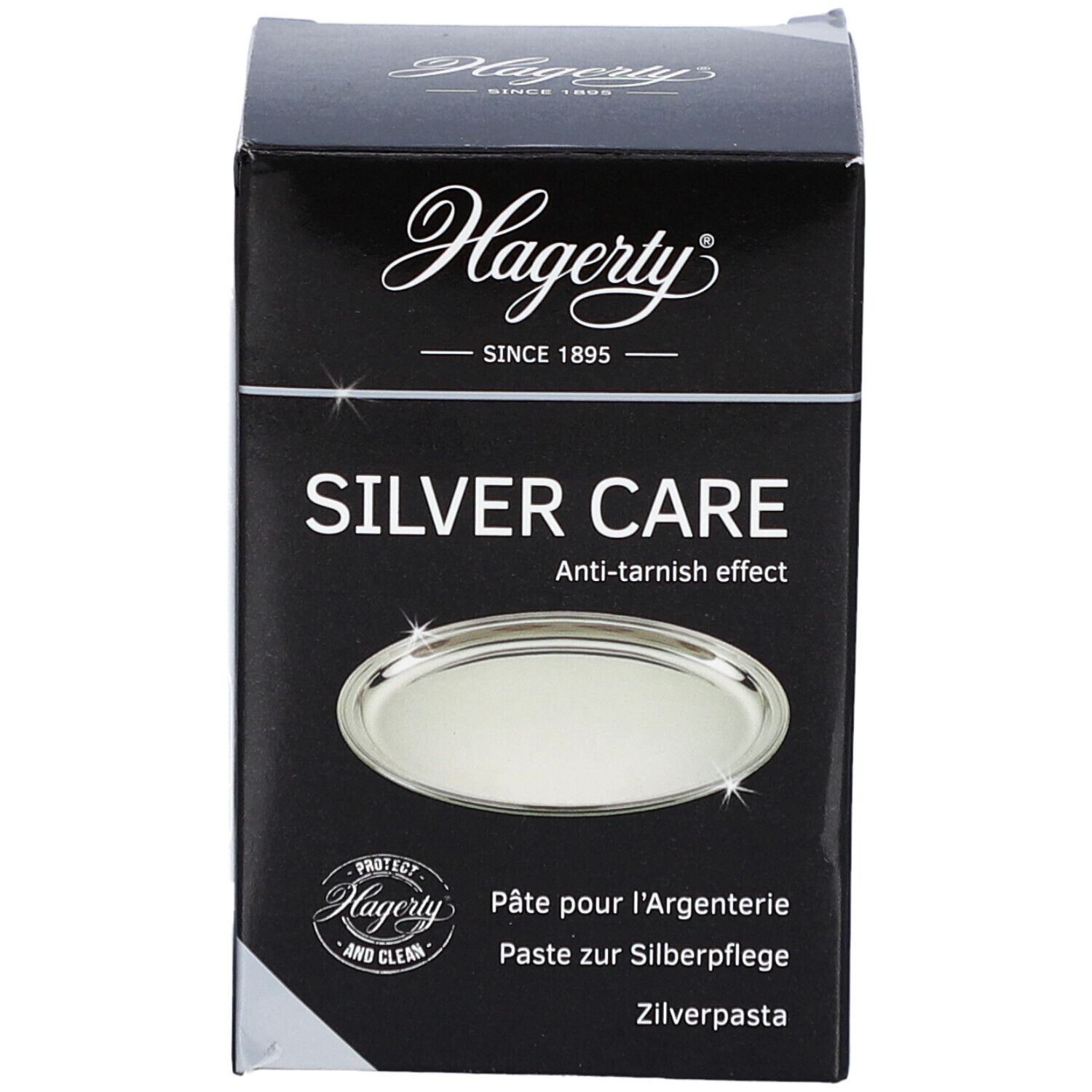 Boîte Hagerty Silver Care. Texte: Silver Care, Anti-tarnish effect. Image d'un plateau. Inscription: Pâte pour l'argenterie, Paste zur Silberpflege, Zilv.