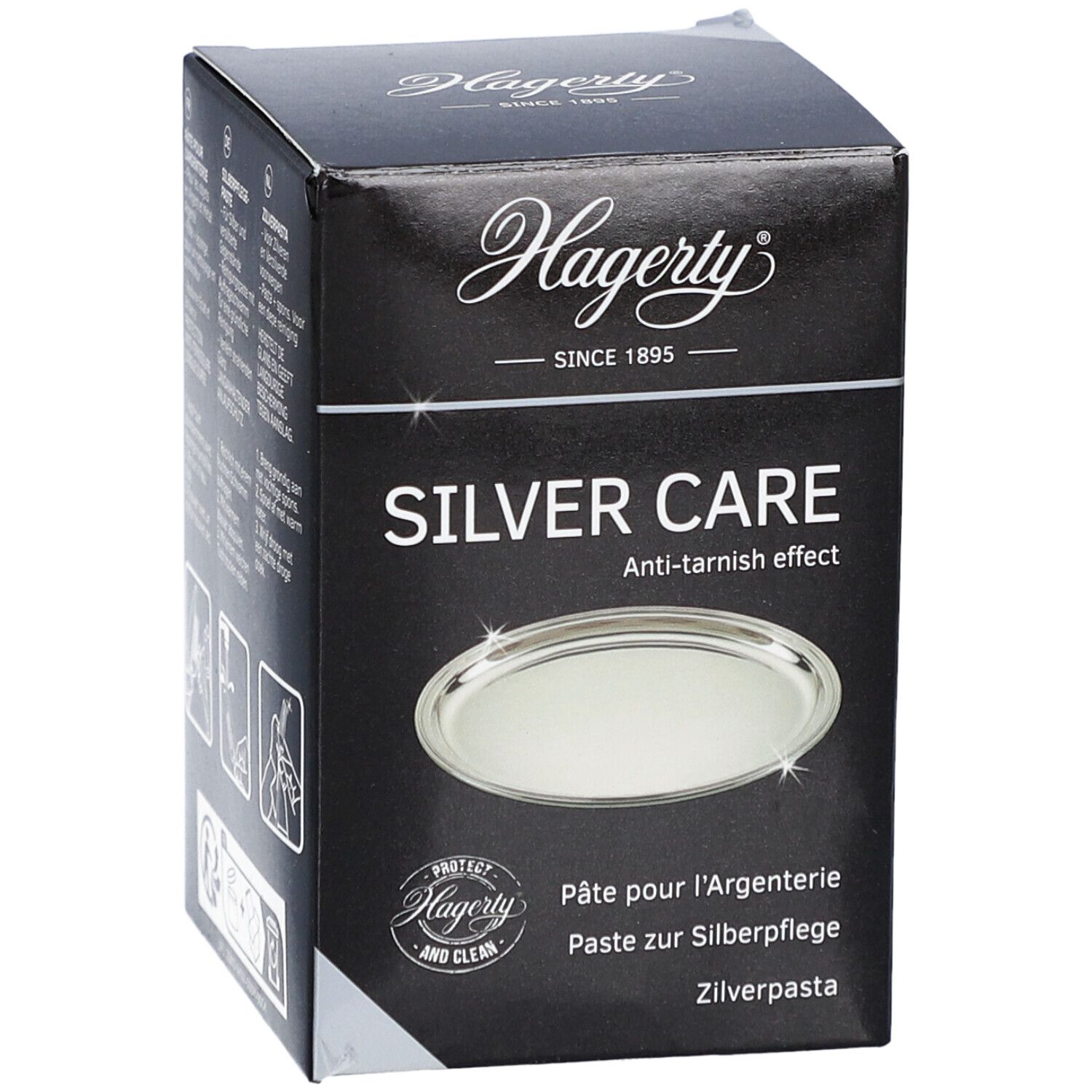 Boîte Hagerty Silver Care. Texte: Silver Care, Anti-tarnish effect. Image d'un plateau. Illustrations d'application. Inscription: Pâte pour l'argenterie.