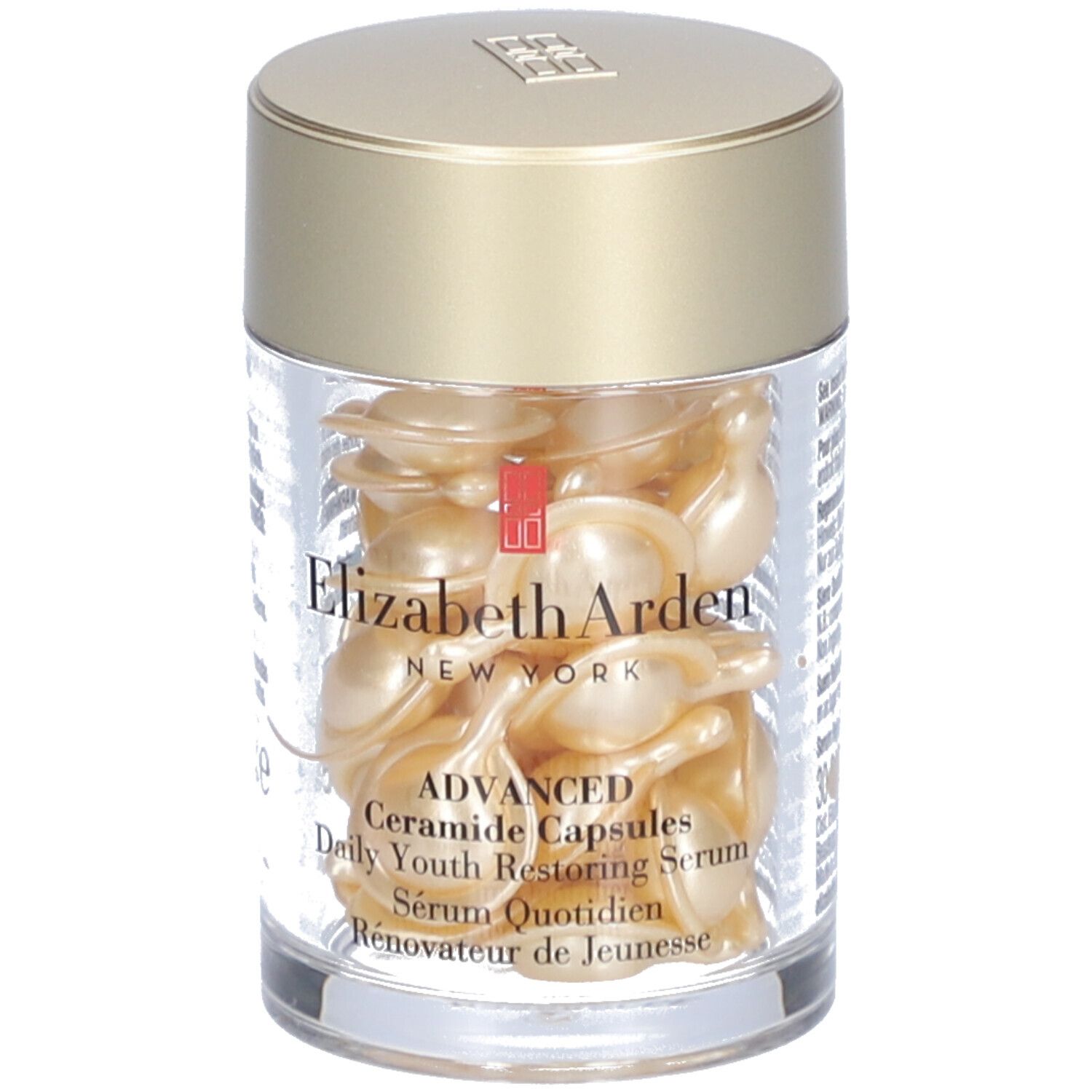 Récipient transparent rempli de capsules dorées. Logo Elizabeth Arden et nom du produit visibles.