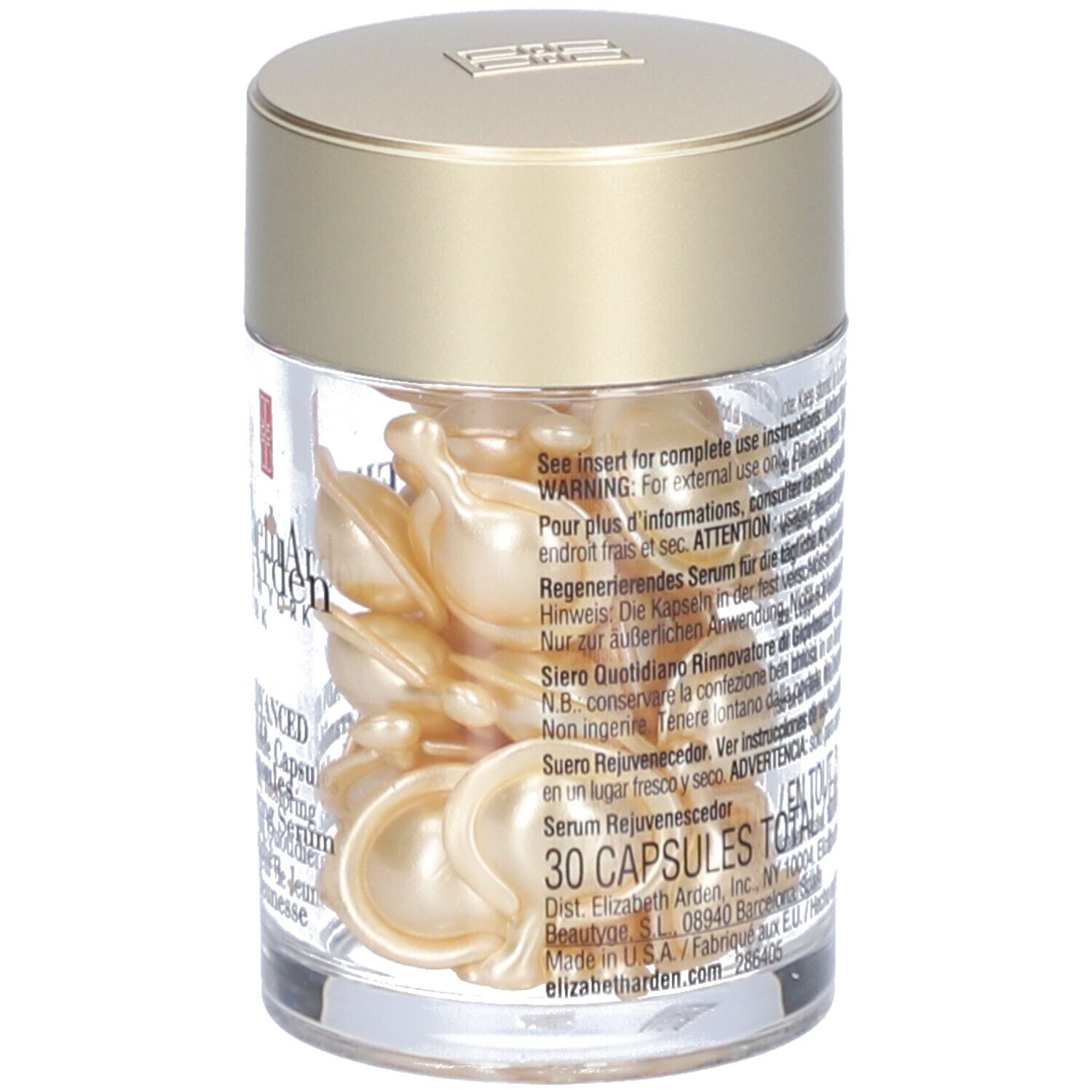 Récipient transparent avec capsules dorées. Inscription: 30 CAPSULES TOTAL.