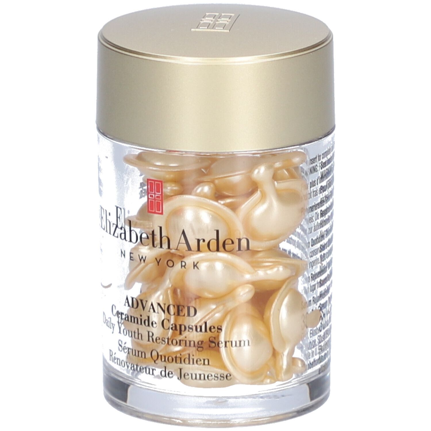 Récipient transparent avec capsules dorées. Logo Elizabeth Arden et nom du produit visibles.