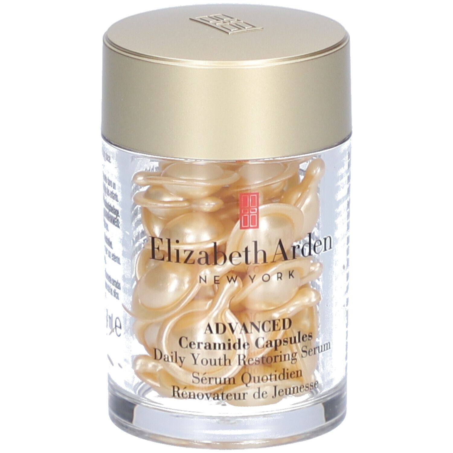 Récipient transparent avec capsules dorées. Logo Elizabeth Arden et nom du produit visibles.