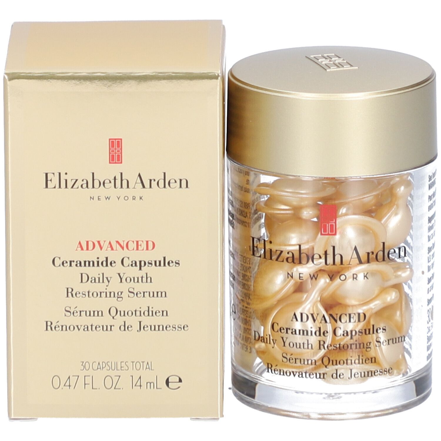 Emballage du produit avec récipient et capsules dorées. Logo Elizabeth Arden et nom du produit visibles.