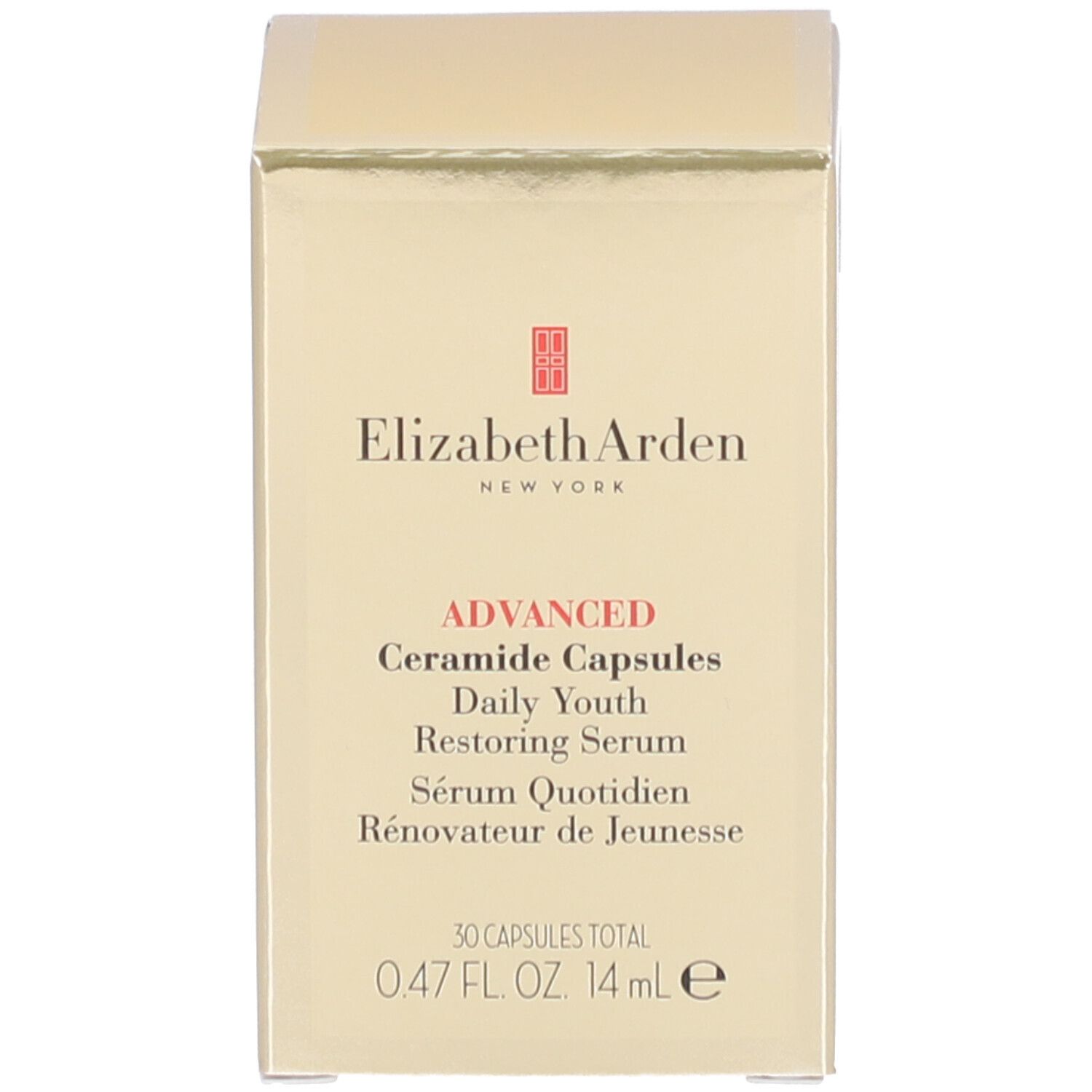 Emballage du produit doré. Logo Elizabeth Arden et nom du produit visibles.